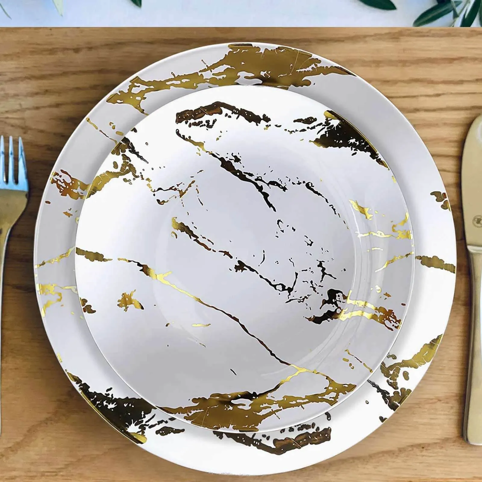 10 Pack 8" Gold and White Marble Plastic Appetizer Salad Plates