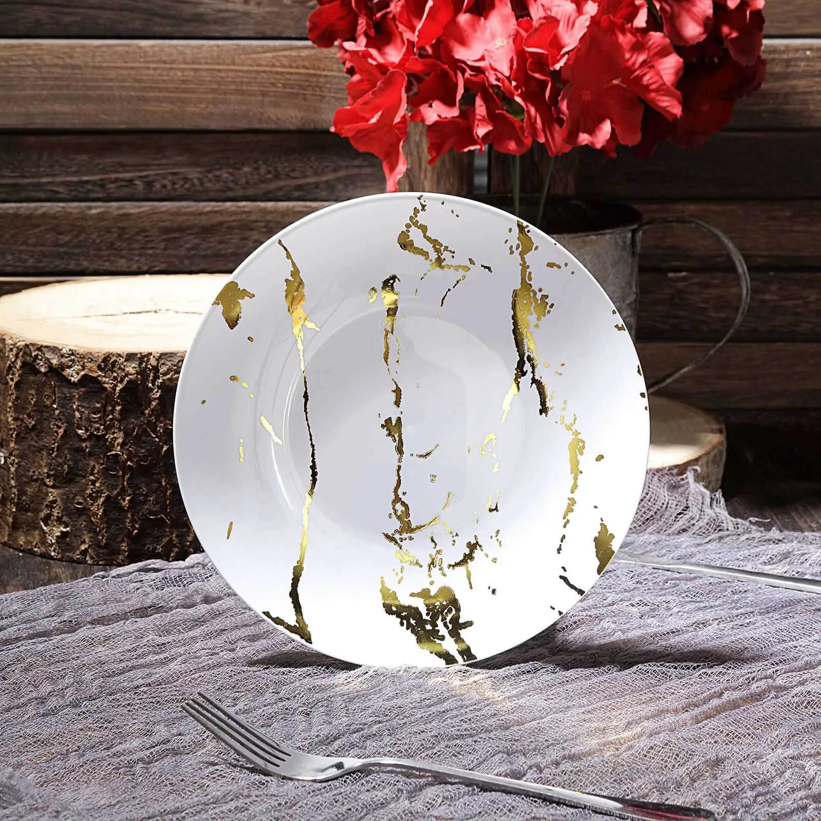 10 Pack 8" Gold and White Marble Plastic Appetizer Salad Plates