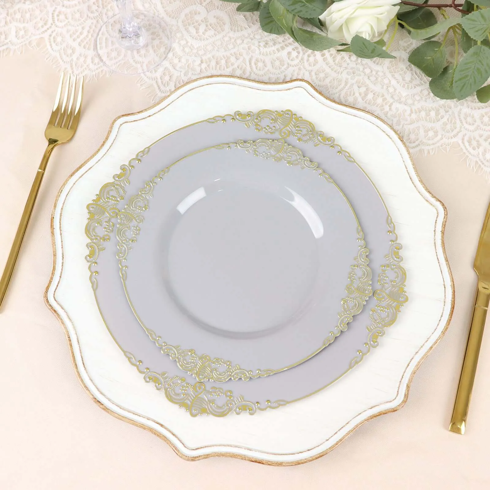 10 Pack 8" Gray Plastic Salad Plates With Gold Leaf Embossed Baroque Rim, Round Disposable Appetizer Dessert Plates