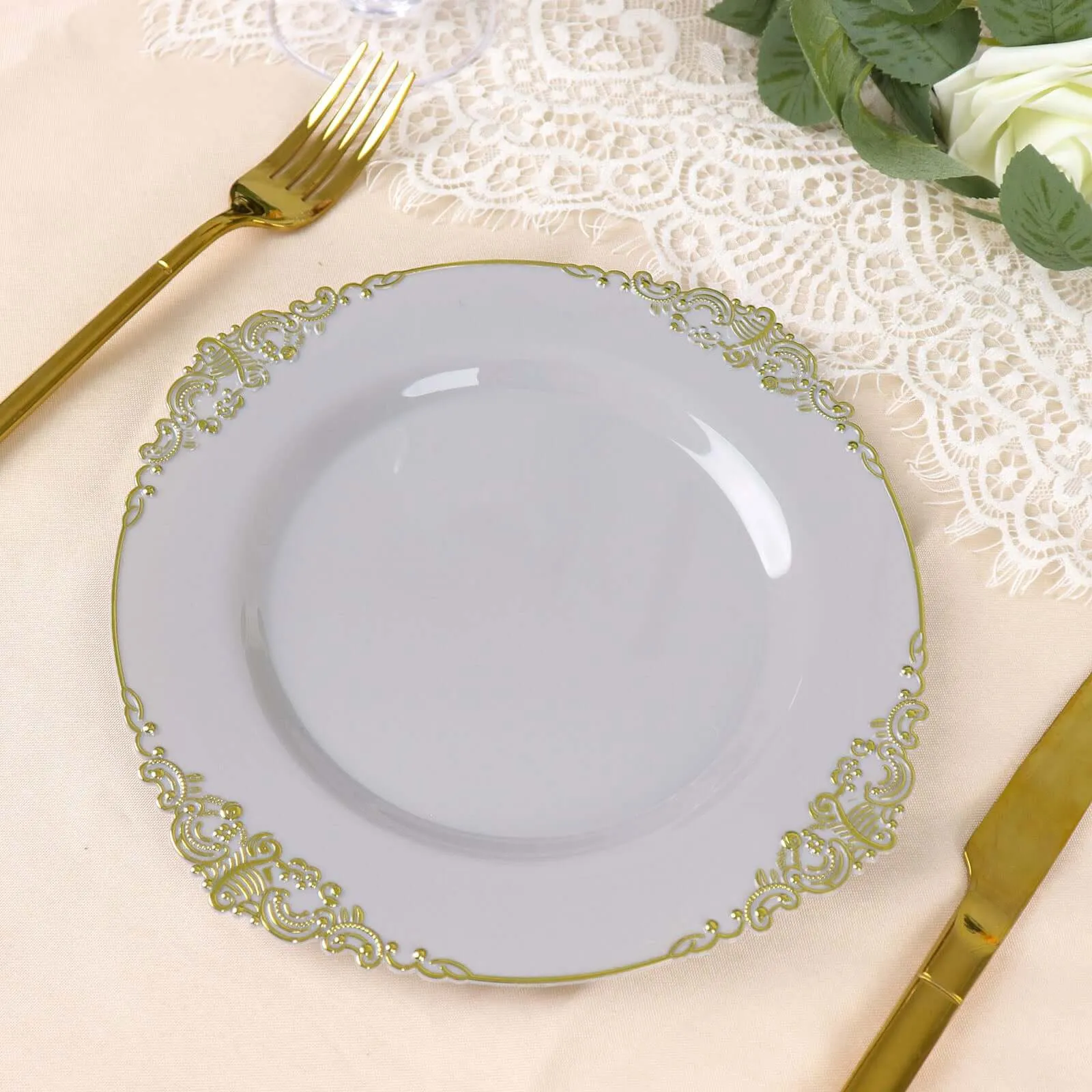 10 Pack 8" Gray Plastic Salad Plates With Gold Leaf Embossed Baroque Rim, Round Disposable Appetizer Dessert Plates