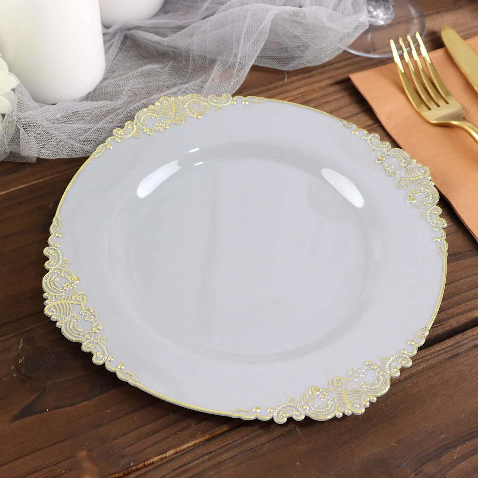 10 Pack 8" Gray Plastic Salad Plates With Gold Leaf Embossed Baroque Rim, Round Disposable Appetizer Dessert Plates