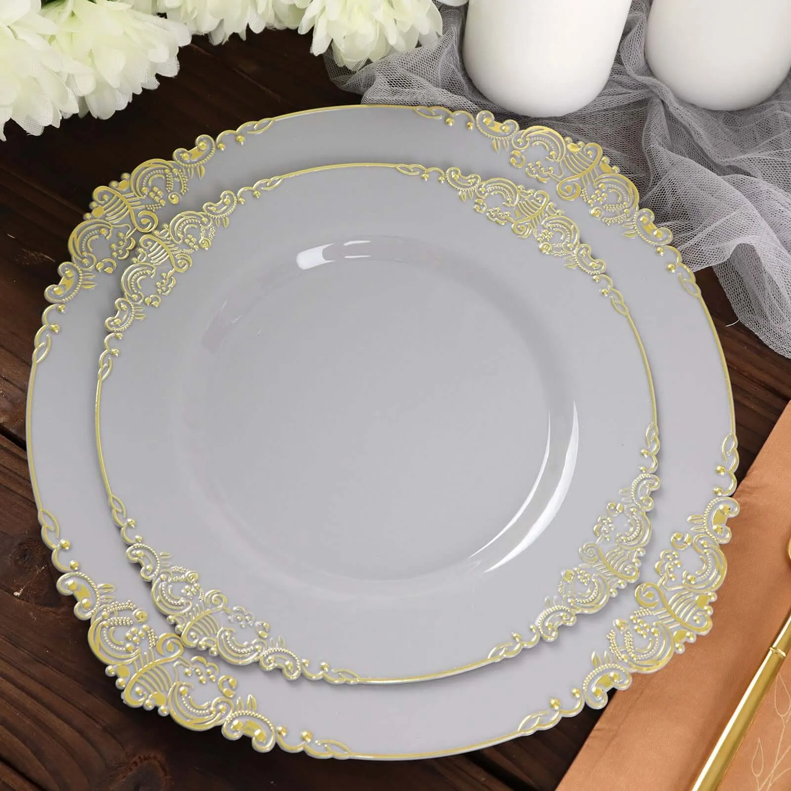 10 Pack 8" Gray Plastic Salad Plates With Gold Leaf Embossed Baroque Rim, Round Disposable Appetizer Dessert Plates