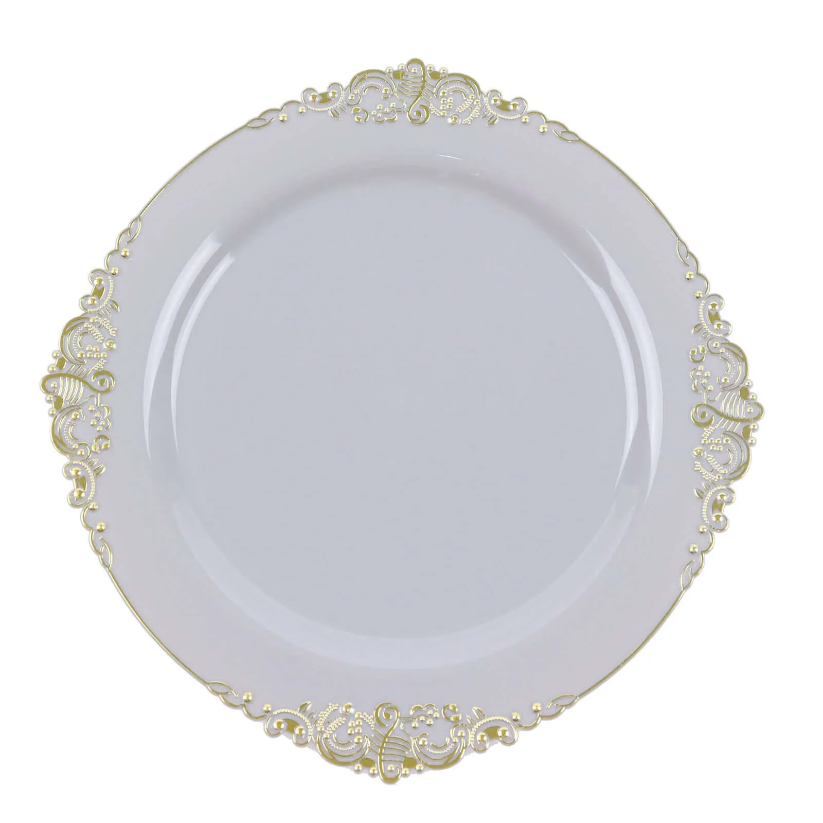 10 Pack 8" Gray Plastic Salad Plates With Gold Leaf Embossed Baroque Rim, Round Disposable Appetizer Dessert Plates