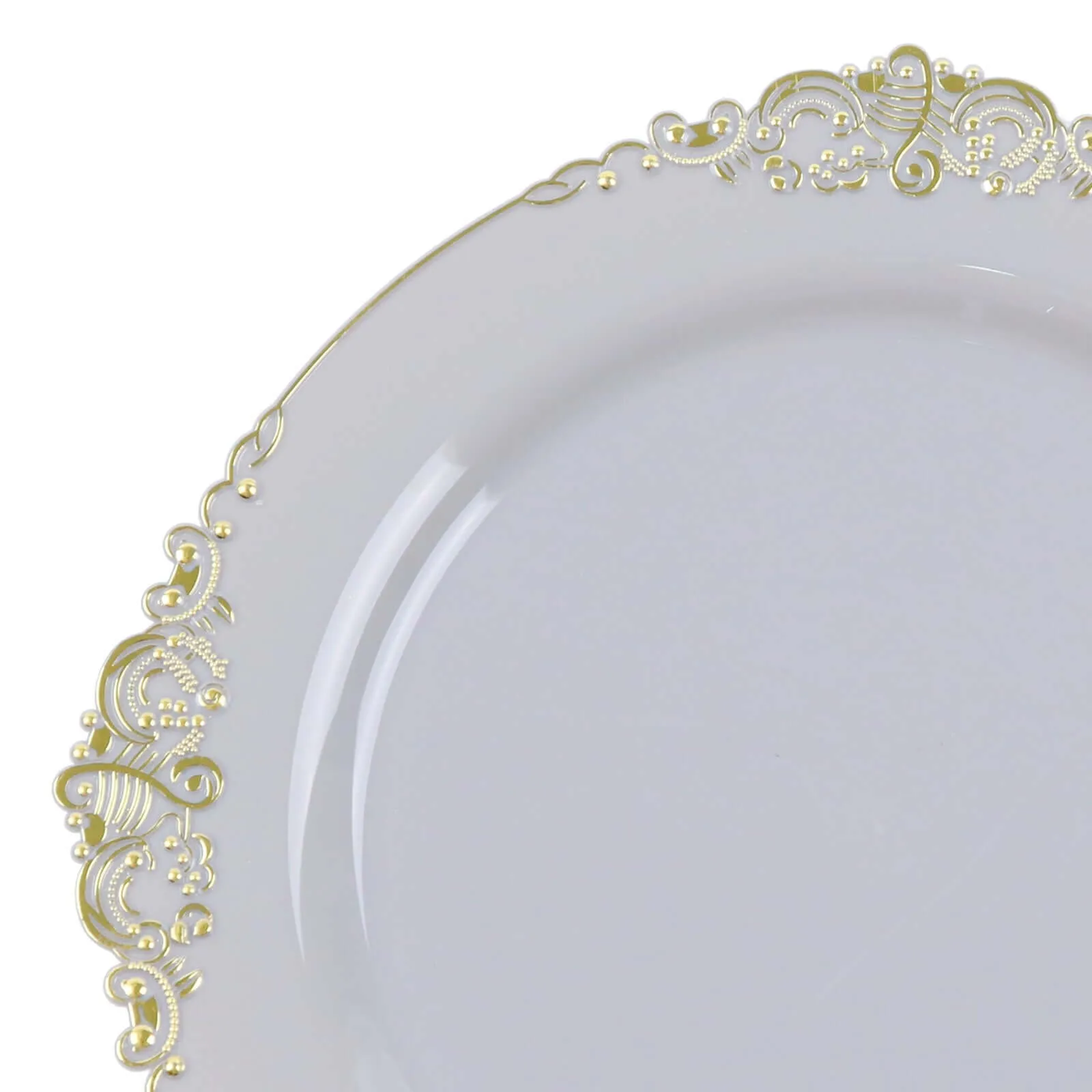 10 Pack 8" Gray Plastic Salad Plates With Gold Leaf Embossed Baroque Rim, Round Disposable Appetizer Dessert Plates