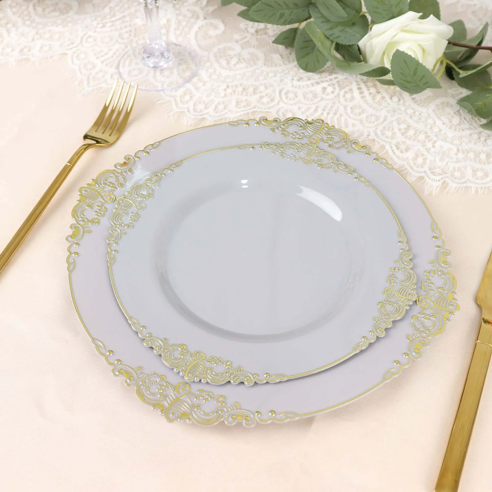 10 Pack 8" Gray Plastic Salad Plates With Gold Leaf Embossed Baroque Rim, Round Disposable Appetizer Dessert Plates