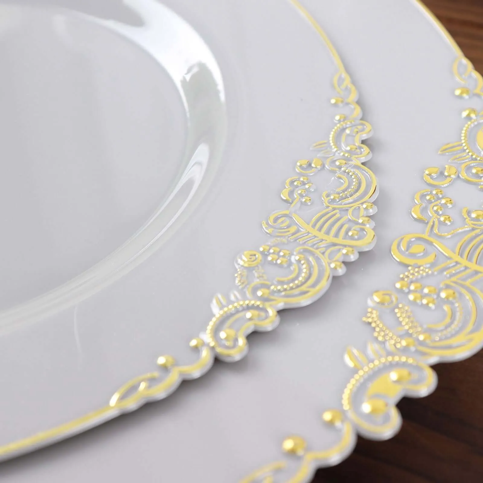 10 Pack 8" Gray Plastic Salad Plates With Gold Leaf Embossed Baroque Rim, Round Disposable Appetizer Dessert Plates