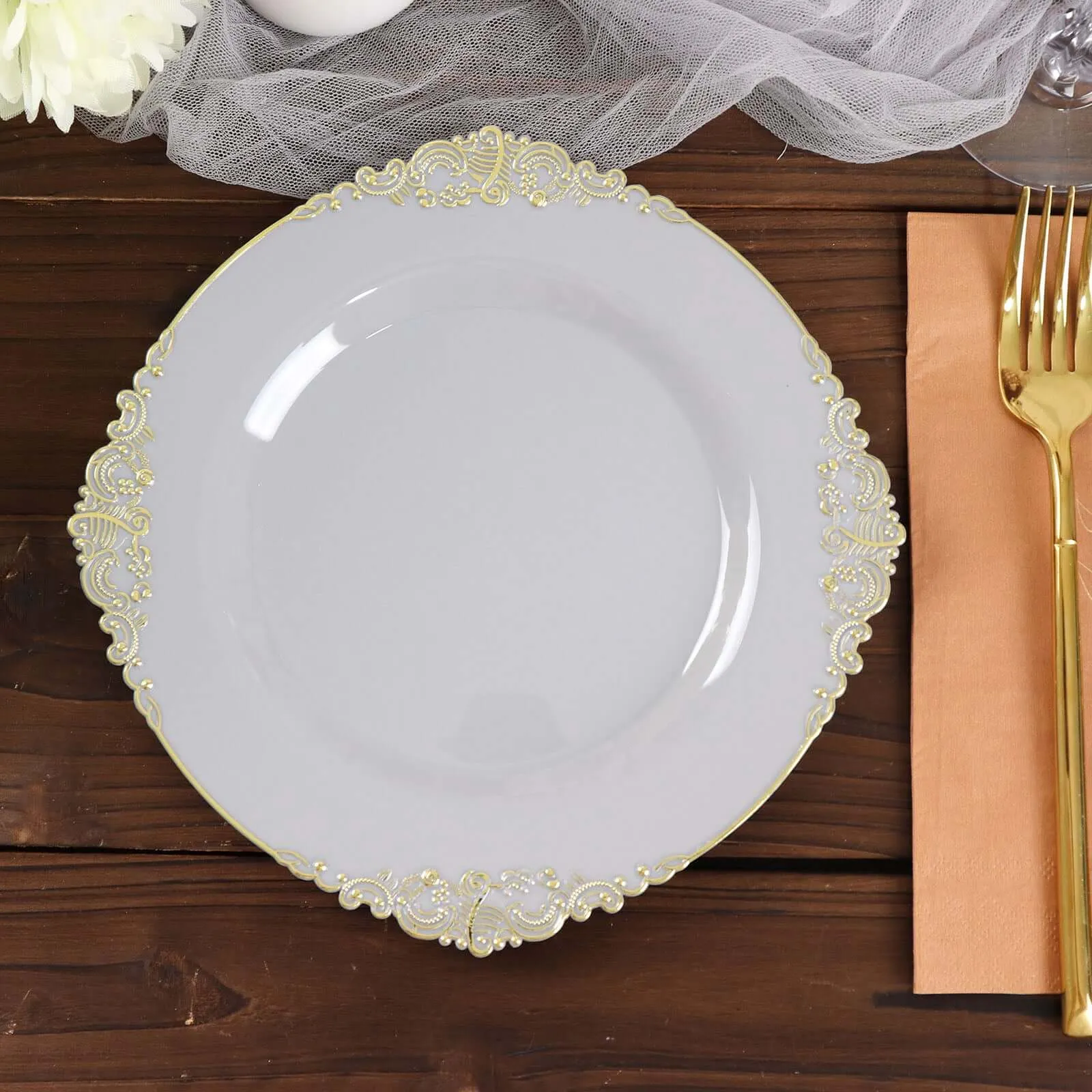 10 Pack 8" Gray Plastic Salad Plates With Gold Leaf Embossed Baroque Rim, Round Disposable Appetizer Dessert Plates