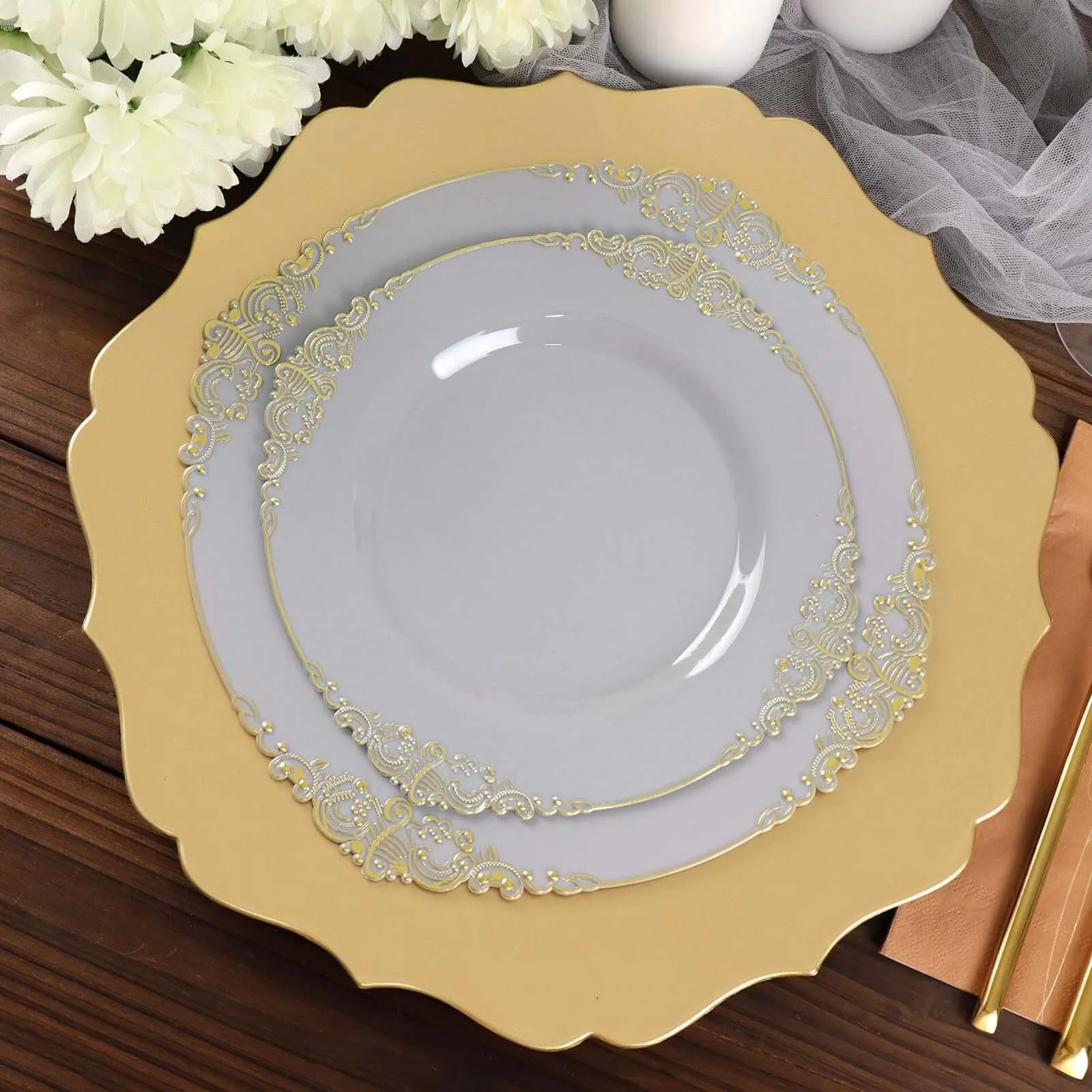 10 Pack 8" Gray Plastic Salad Plates With Gold Leaf Embossed Baroque Rim, Round Disposable Appetizer Dessert Plates