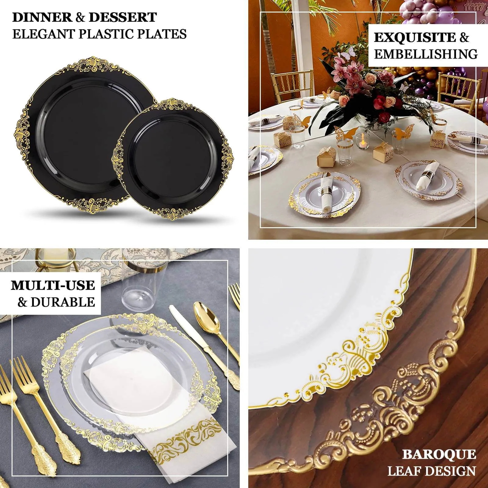 10 Pack Transparent Black Disposable Party Plates with Gold Leaf Embossed Baroque Rim, Round Plastic Dinner Plates - 10"