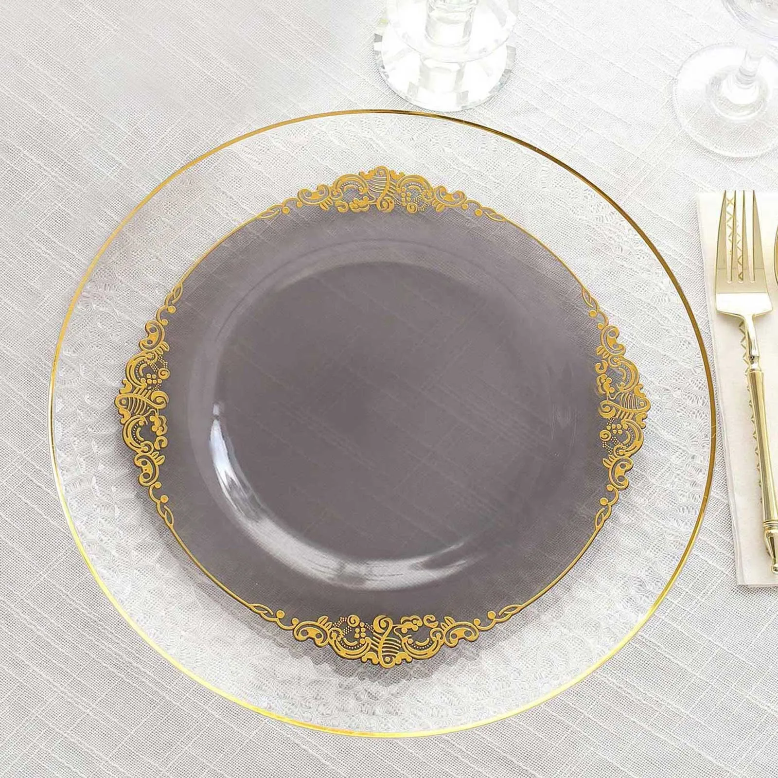 10 Pack Transparent Black Disposable Party Plates with Gold Leaf Embossed Baroque Rim, Round Plastic Dinner Plates - 10"