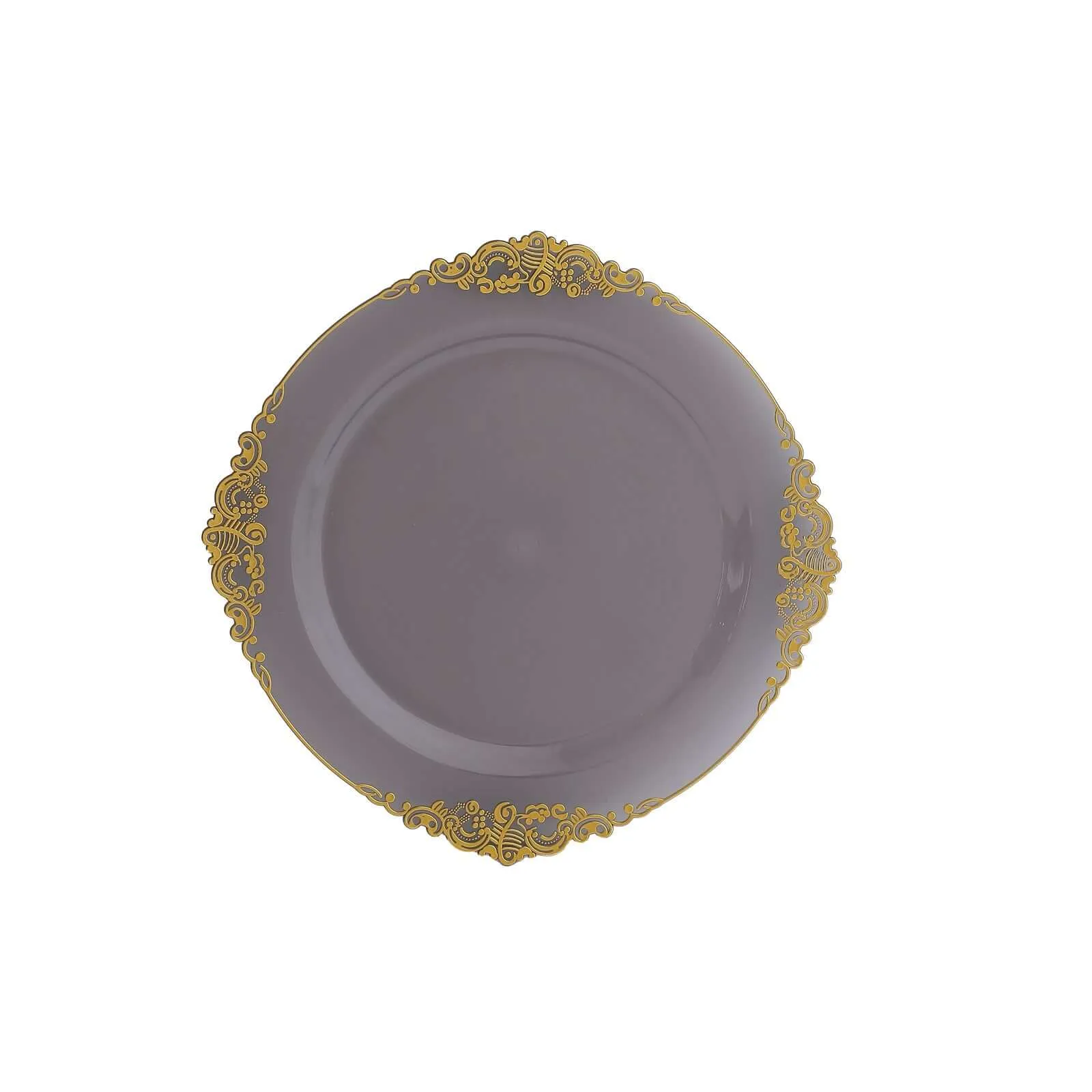 10 Pack Transparent Black Disposable Party Plates with Gold Leaf Embossed Baroque Rim, Round Plastic Dinner Plates - 10"