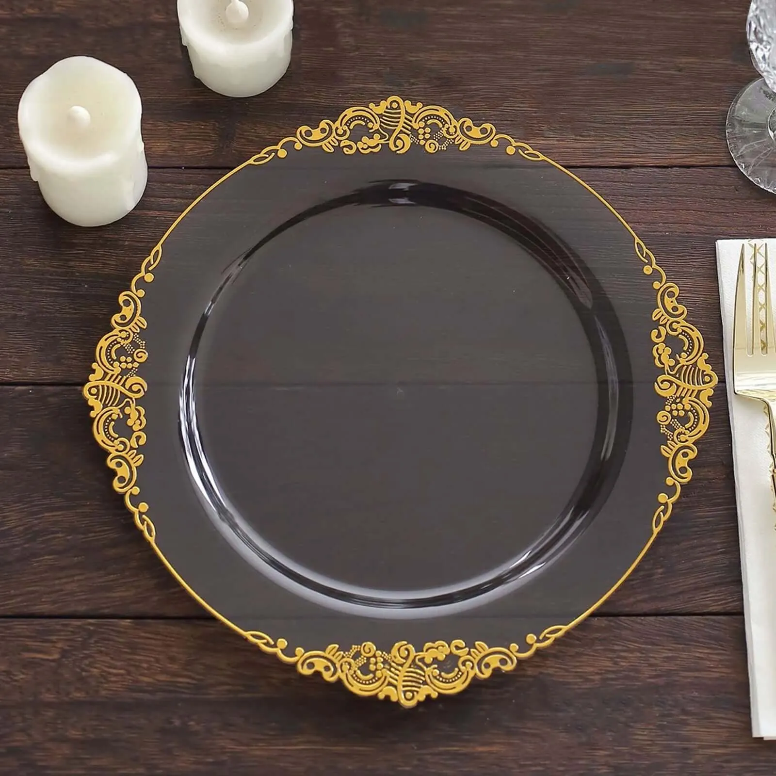 10 Pack Transparent Black Disposable Party Plates with Gold Leaf Embossed Baroque Rim, Round Plastic Dinner Plates - 10"