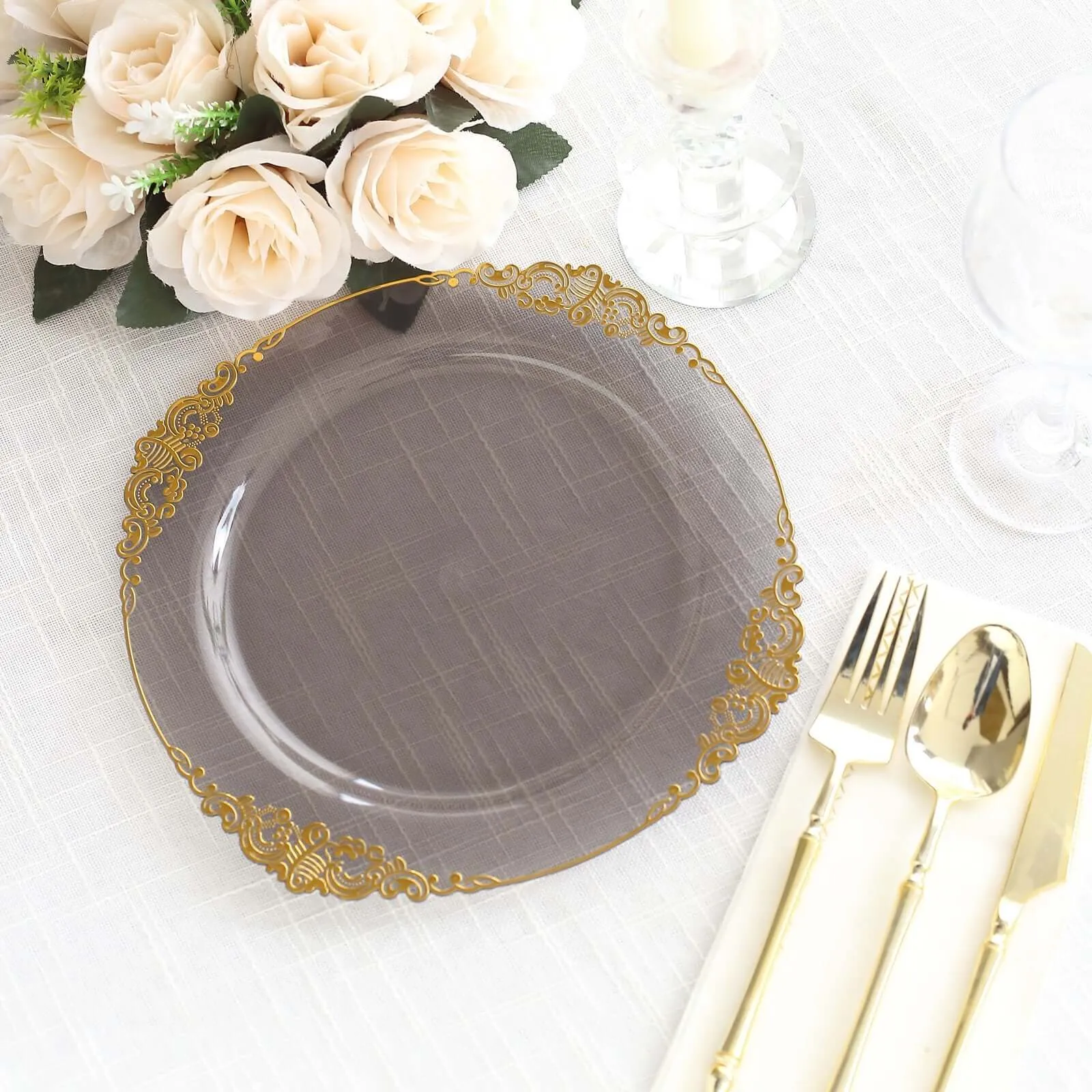 10 Pack Transparent Black Disposable Party Plates with Gold Leaf Embossed Baroque Rim, Round Plastic Dinner Plates - 10"