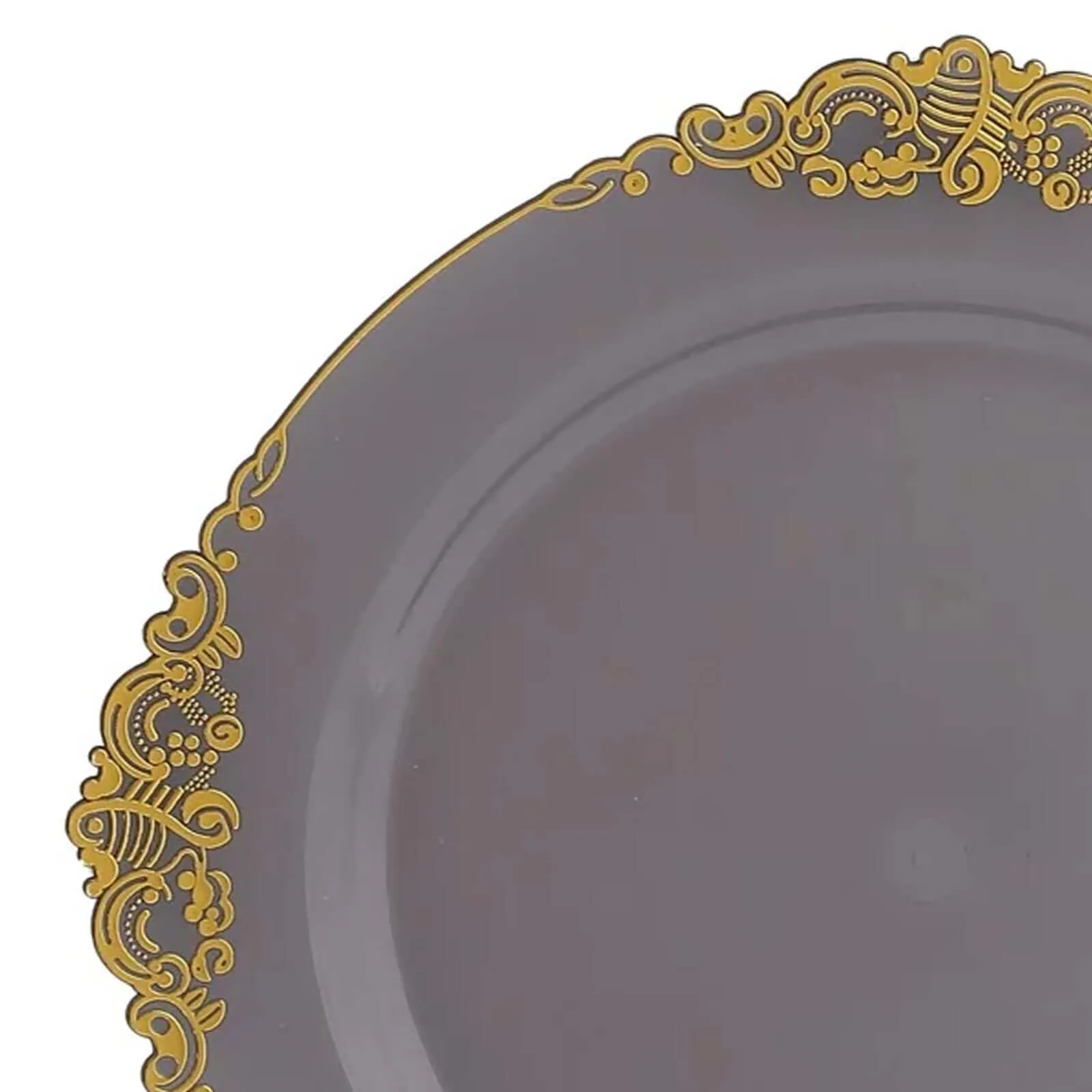 10 Pack Transparent Black Disposable Party Plates with Gold Leaf Embossed Baroque Rim, Round Plastic Dinner Plates - 10"