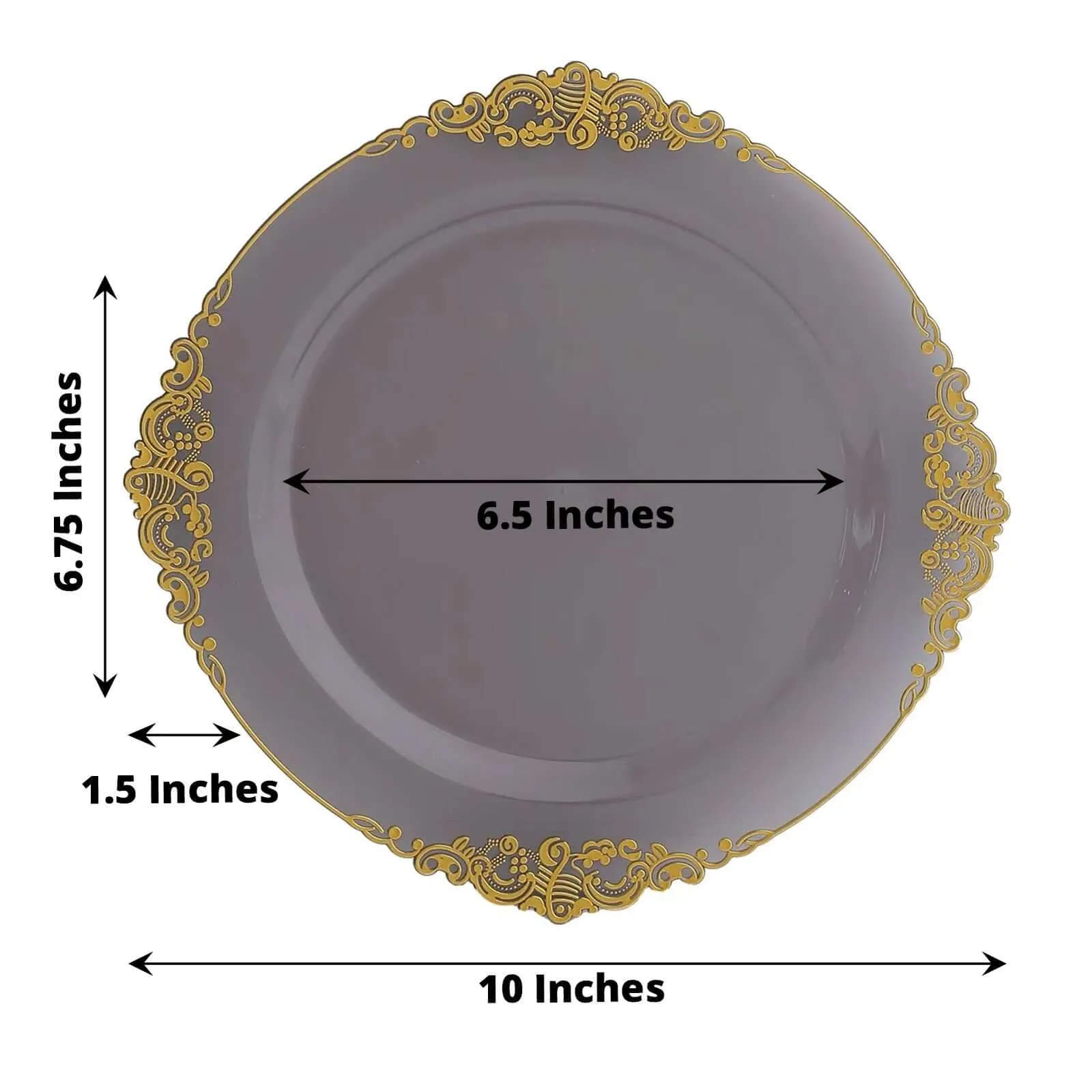 10 Pack Transparent Black Disposable Party Plates with Gold Leaf Embossed Baroque Rim, Round Plastic Dinner Plates - 10"