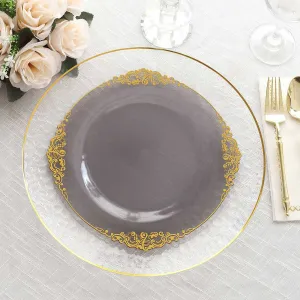 10 Pack Transparent Black Disposable Party Plates with Gold Leaf Embossed Baroque Rim, Round Plastic Dinner Plates - 10"