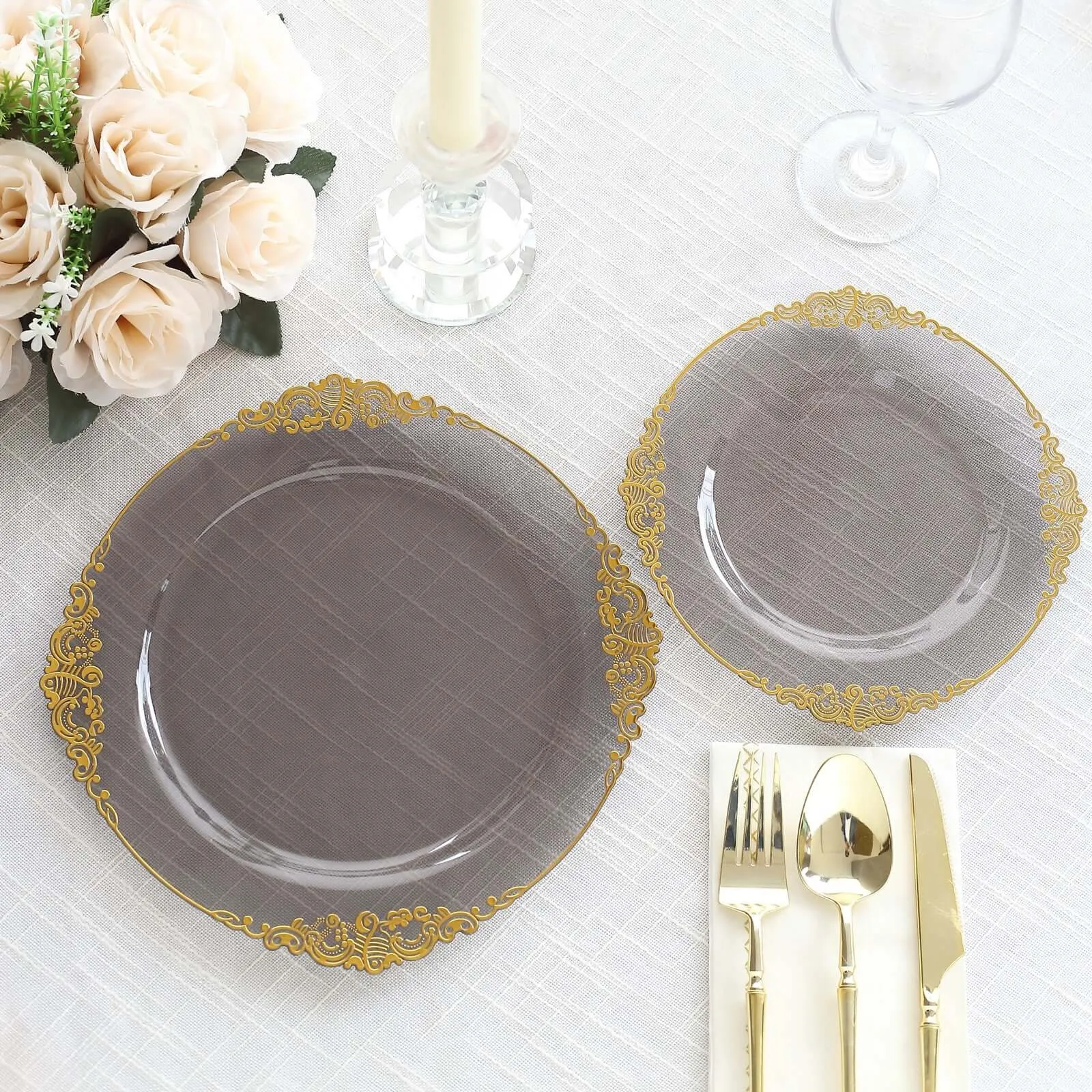 10 Pack Transparent Black Disposable Party Plates with Gold Leaf Embossed Baroque Rim, Round Plastic Dinner Plates - 10"