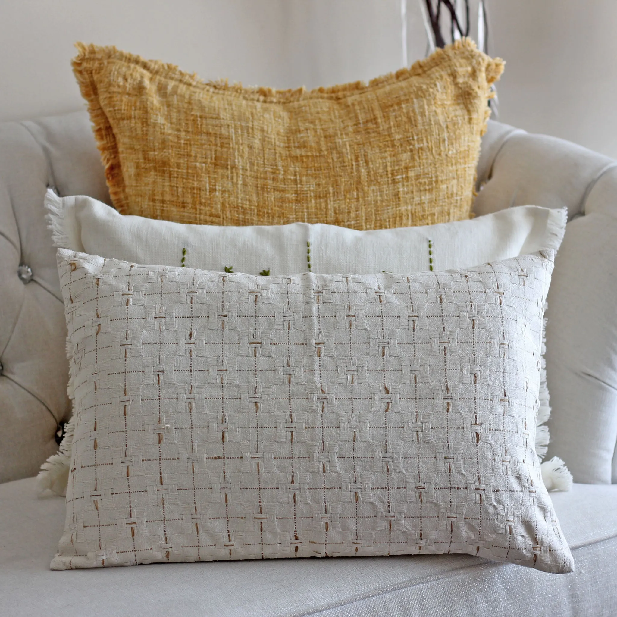 100% Silk Basket Weave Textured Pillow Cover - Coconut Shell Button | Cream-Golden Brown Cushion, 16x24"