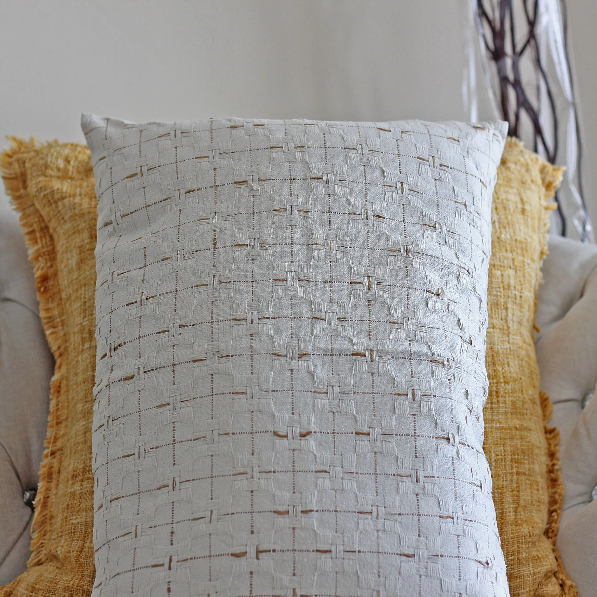 100% Silk Basket Weave Textured Pillow Cover - Coconut Shell Button | Cream-Golden Brown Cushion, 16x24"