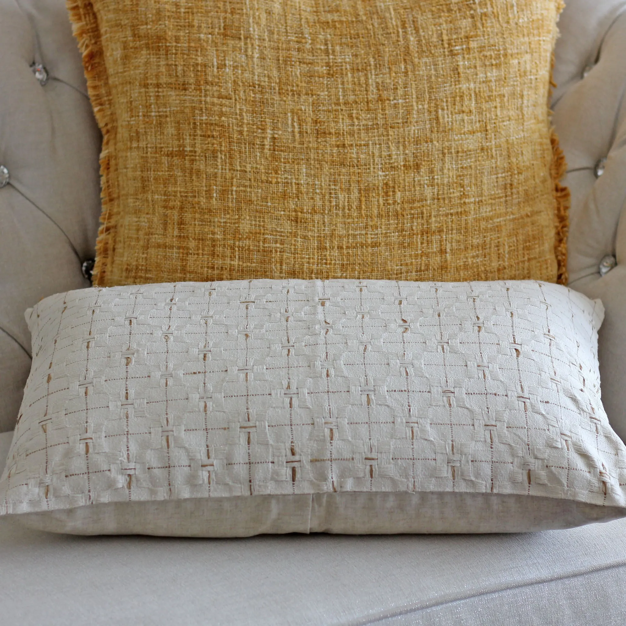 100% Silk Basket Weave Textured Pillow Cover - Coconut Shell Button | Cream-Golden Brown Cushion, 16x24"