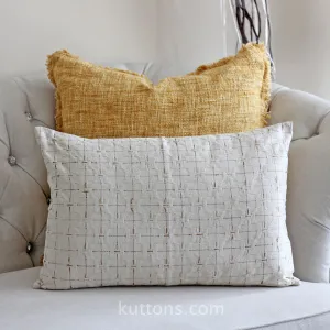 100% Silk Basket Weave Textured Pillow Cover - Coconut Shell Button | Cream-Golden Brown Cushion, 16x24"