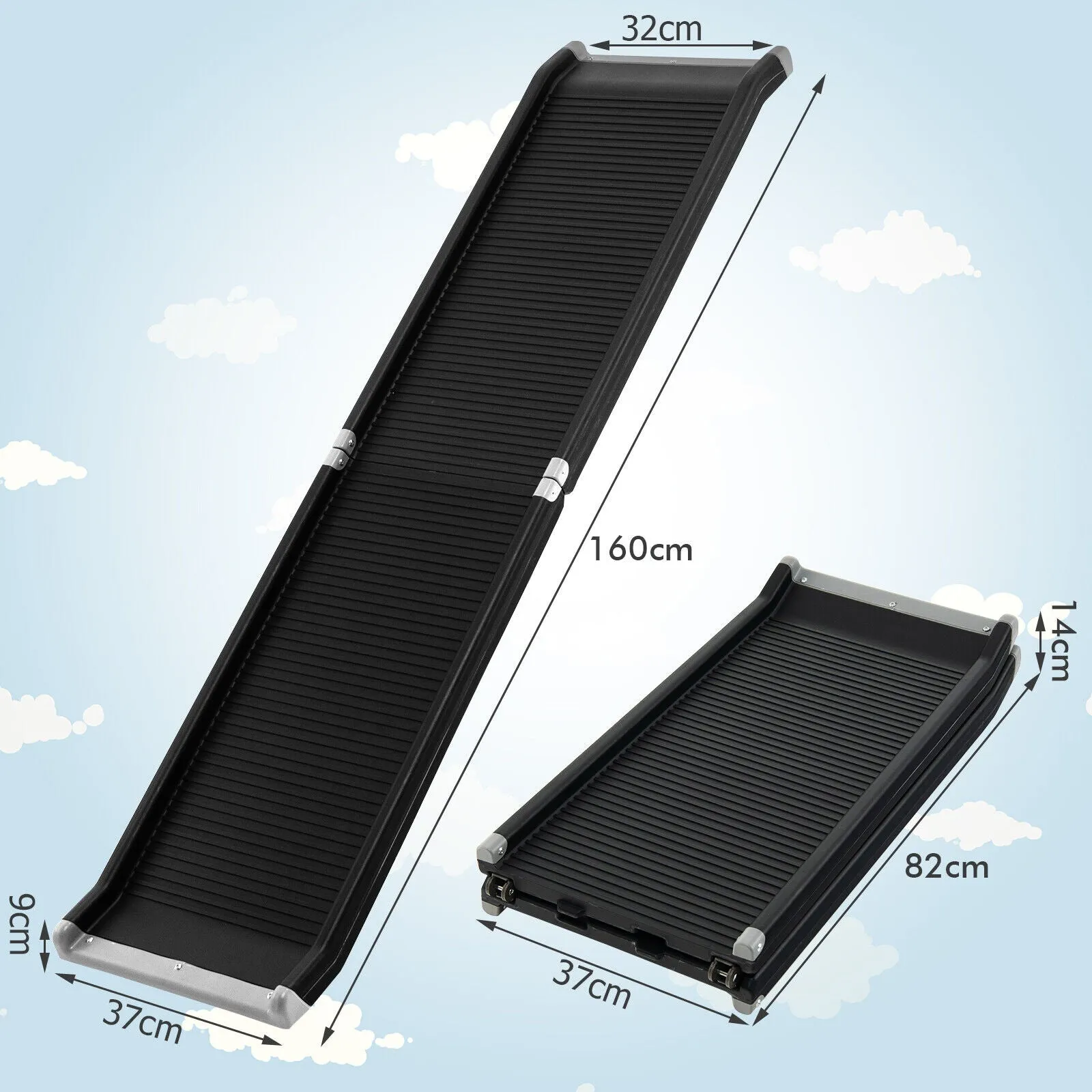 160CM Foldable Pet  Travel Ramp Stairs with Raised Sides and Non-slip Surface-Black