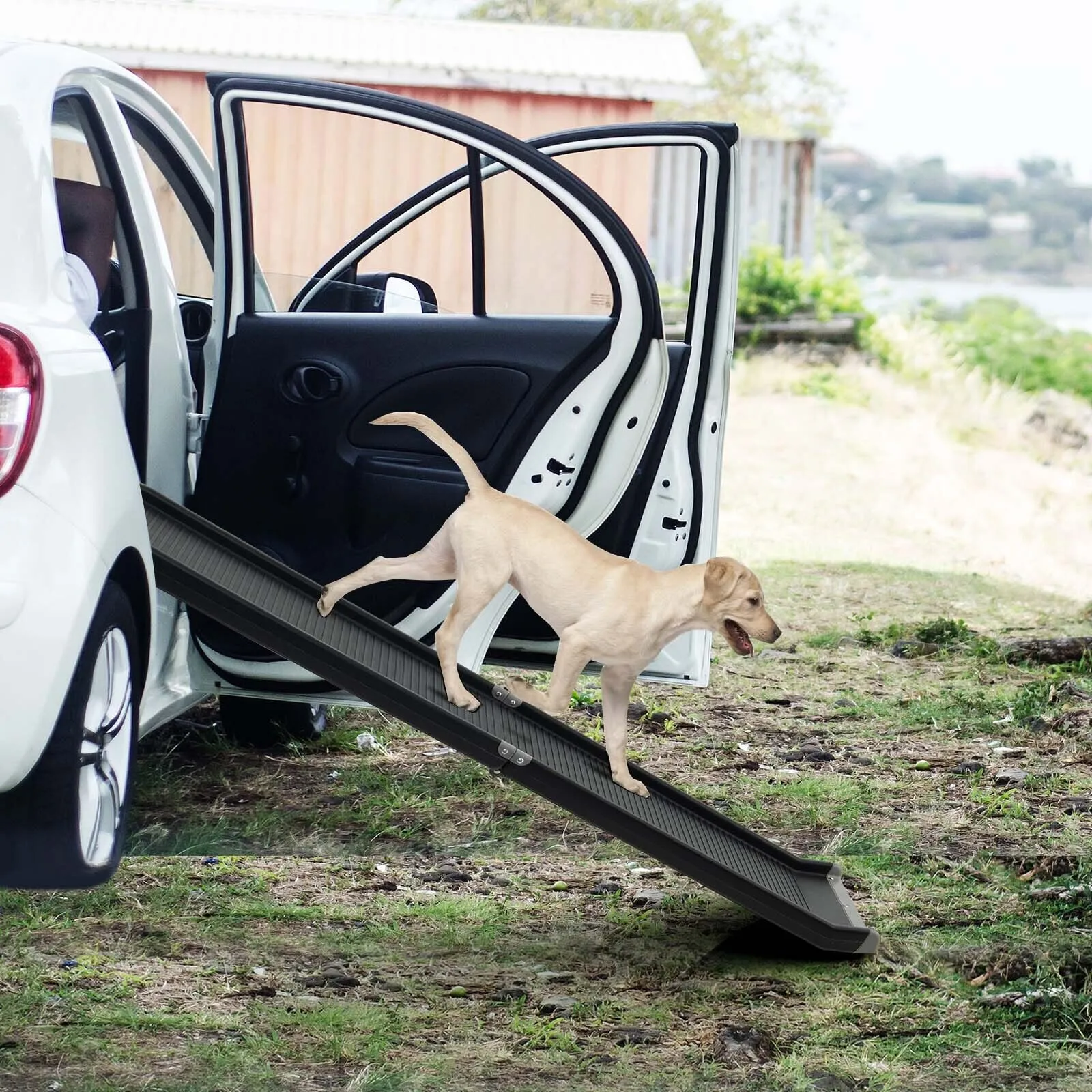 160CM Foldable Pet  Travel Ramp Stairs with Raised Sides and Non-slip Surface-Black