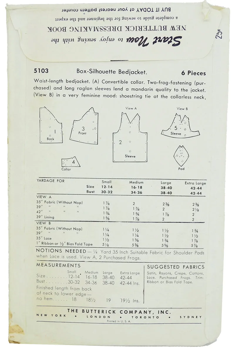 1949 Vintage Butterick 5103 Bed Jacket Sewing Pattern