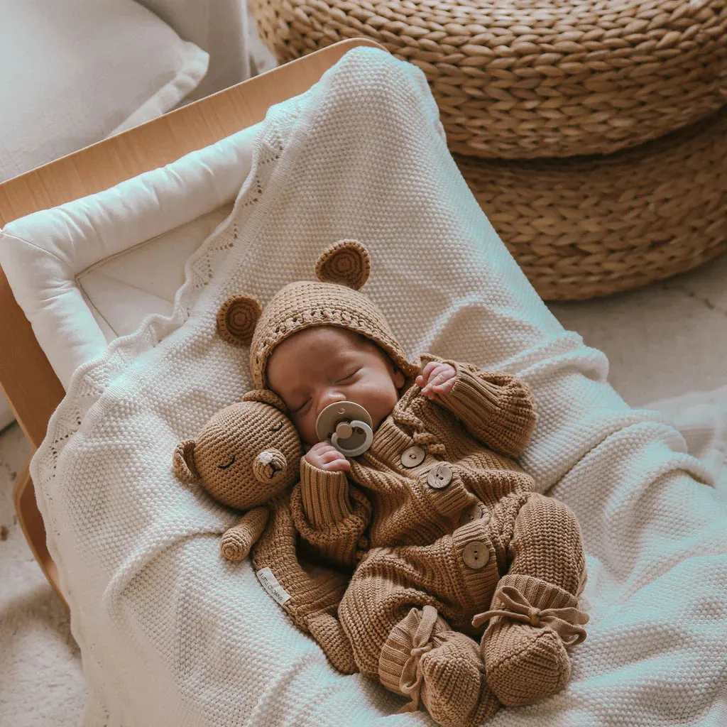 3 Little Crowns Cotton Textured Knit Bear Bonnet - Coco