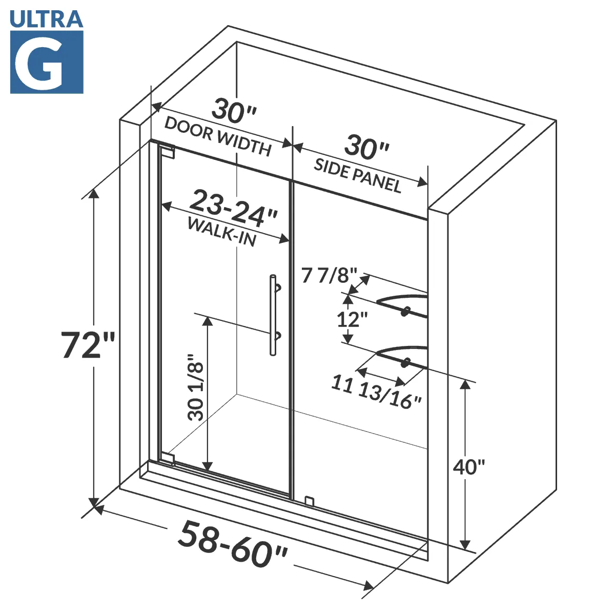 58-60 W x 72 H  Swing-Out Shower Door ULTRA-G Chrome