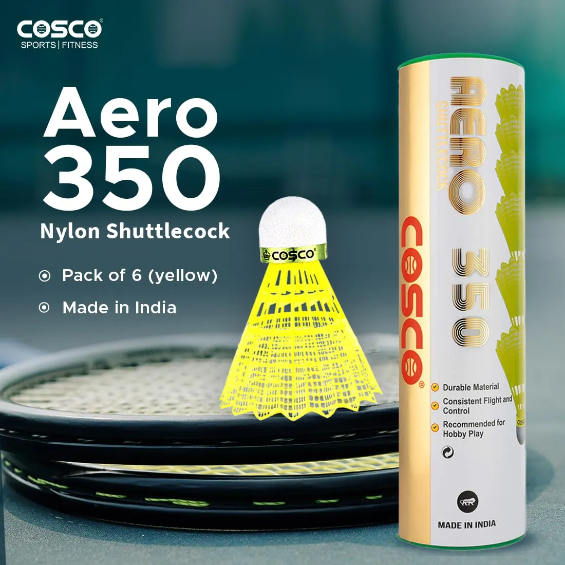 Aero 350 Nylon Shuttle Cock | Pack Of 6 (Yellow) (Made In India)