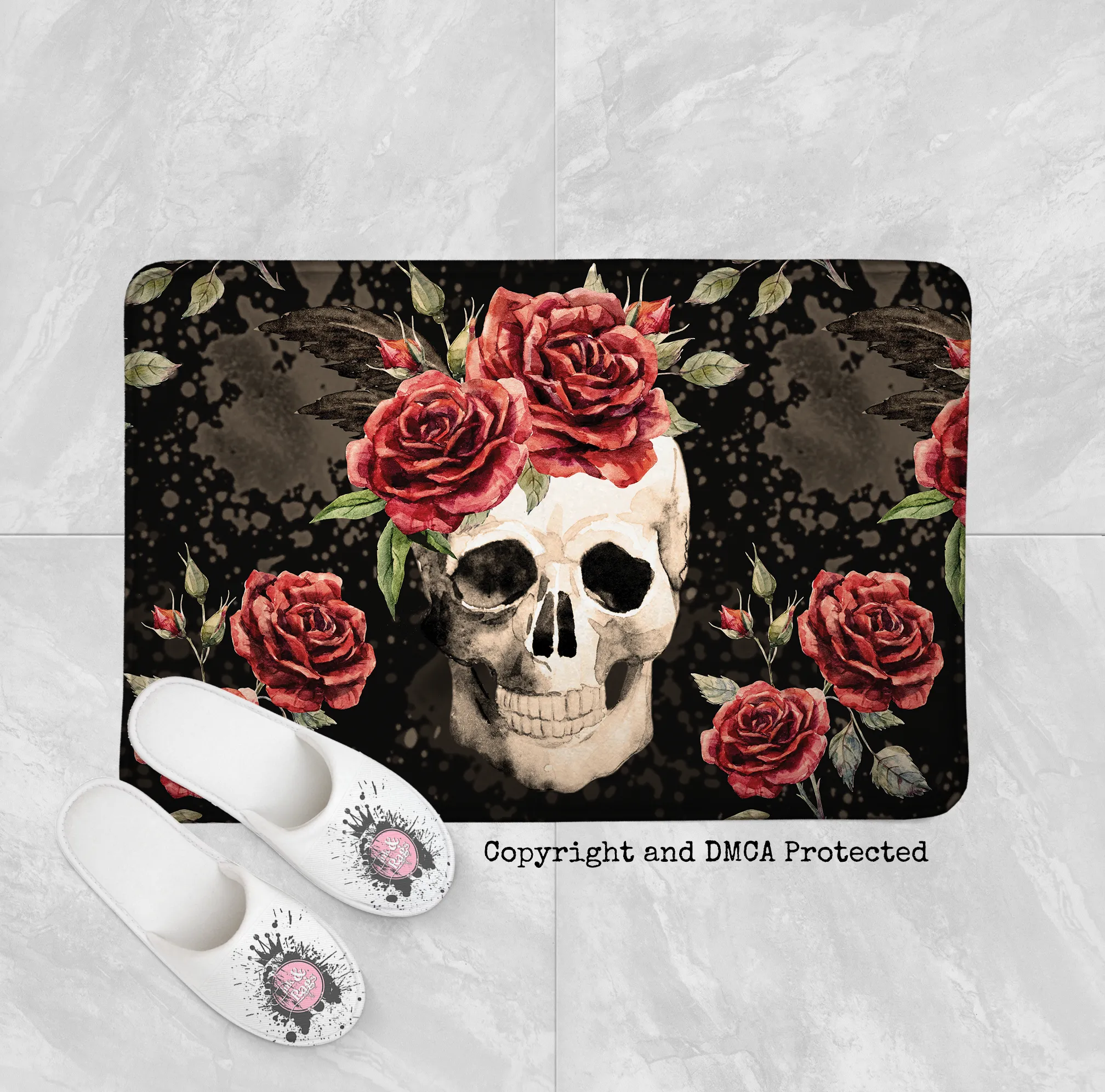 Antiqued Red Rose Skull Shower Curtains and Optional Bath Mats