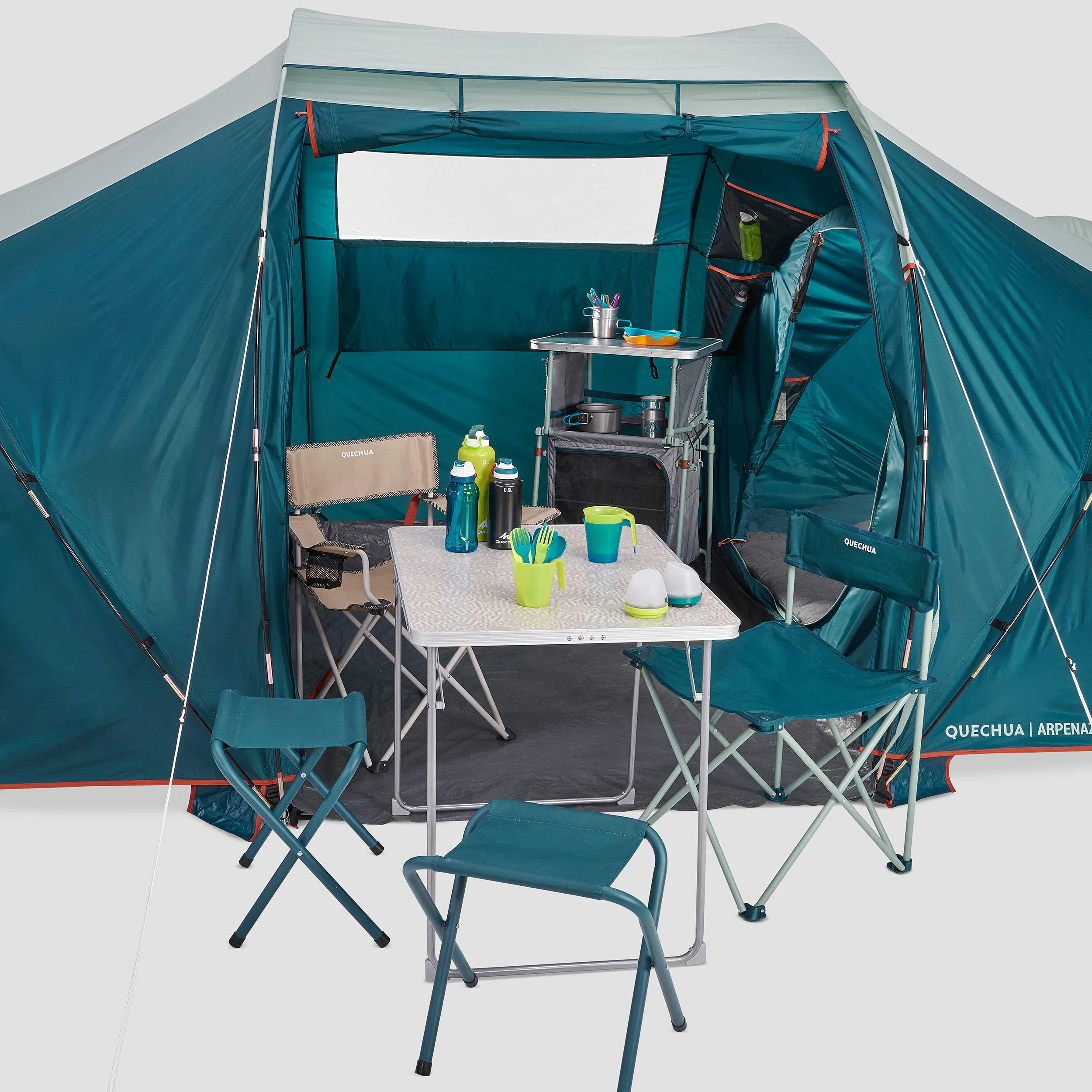 Camping tent Quechua Arpenaz 4.2 4-person 2-room, turquoise