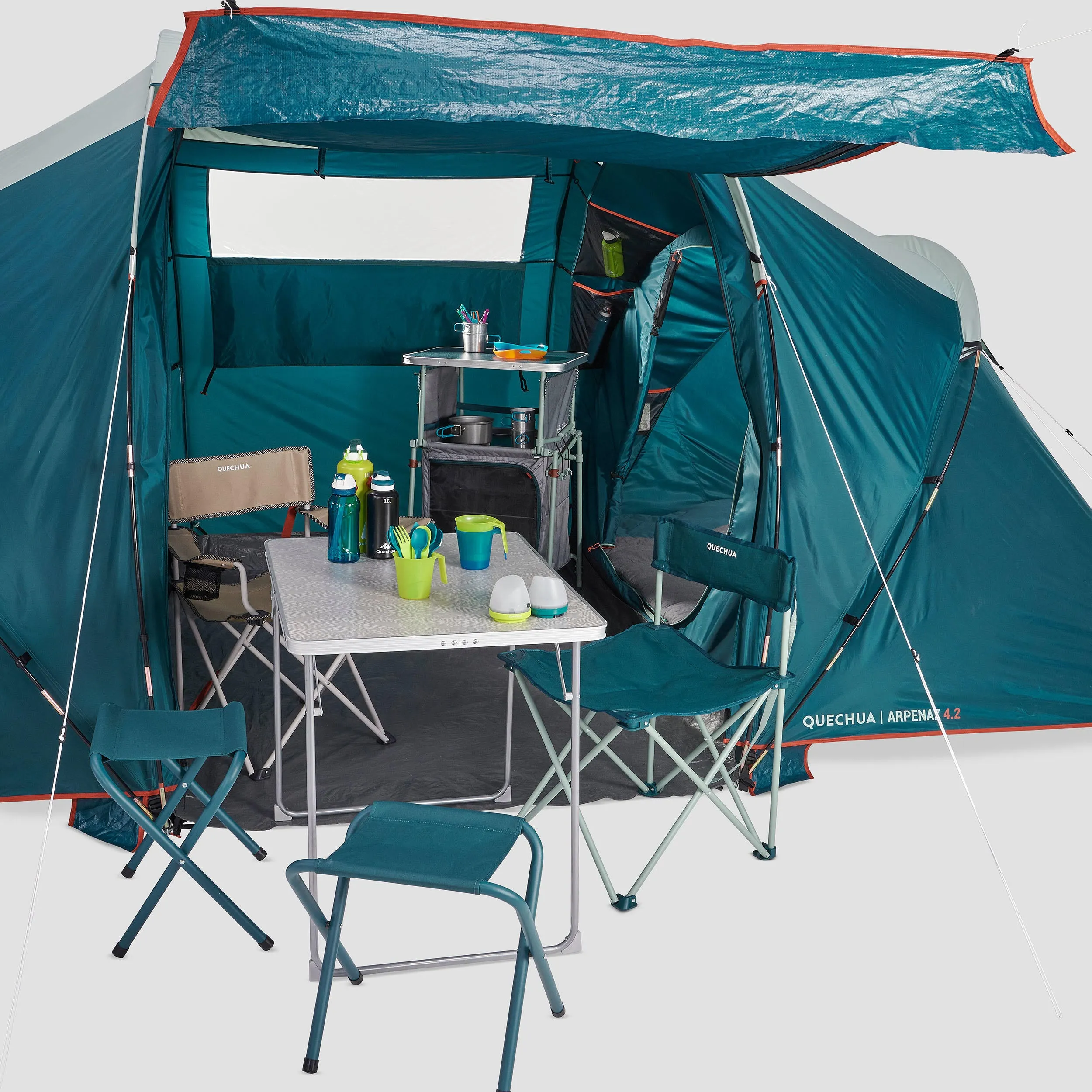 Camping tent Quechua Arpenaz 4.2 4-person 2-room, turquoise