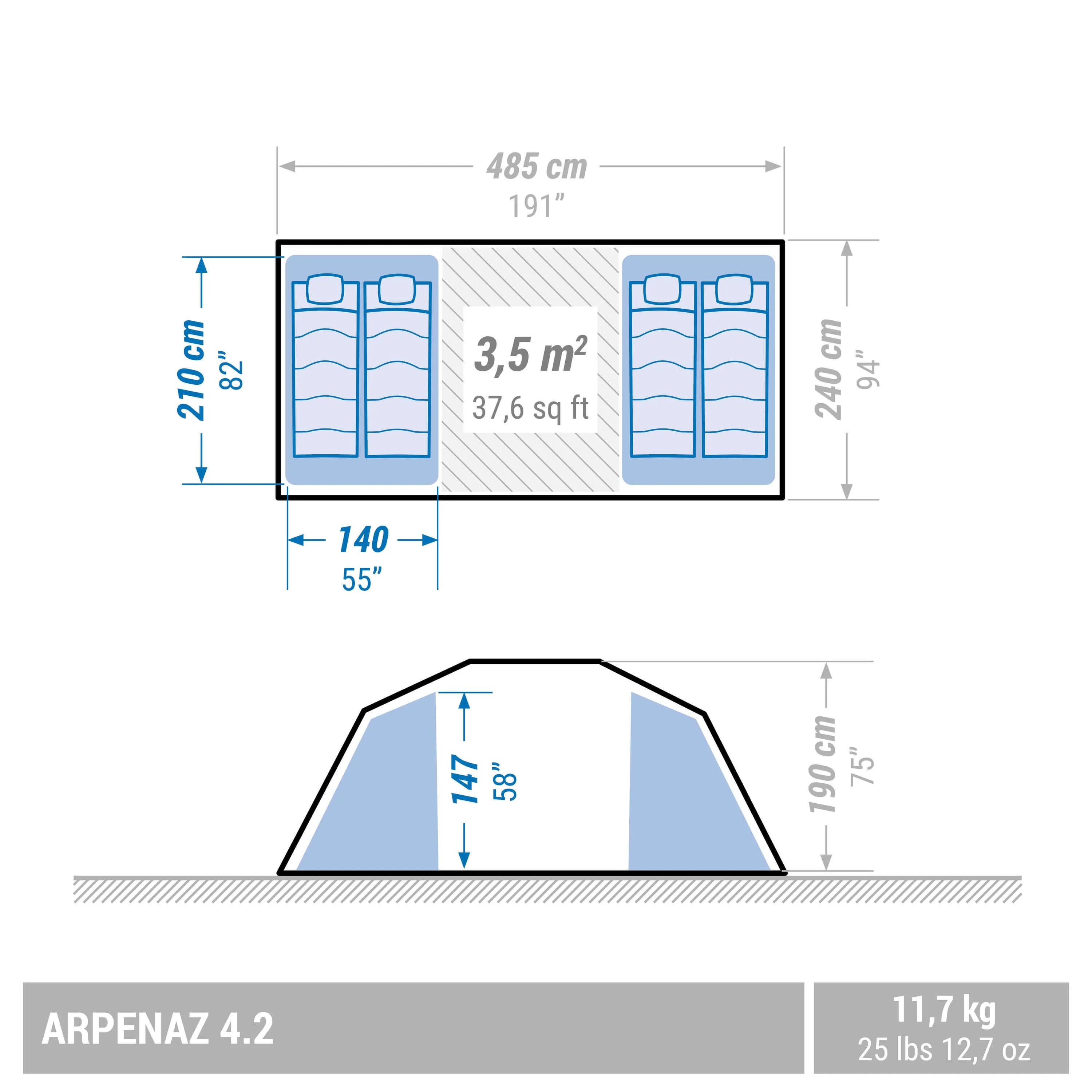 Camping tent Quechua Arpenaz 4.2 4-person 2-room, turquoise