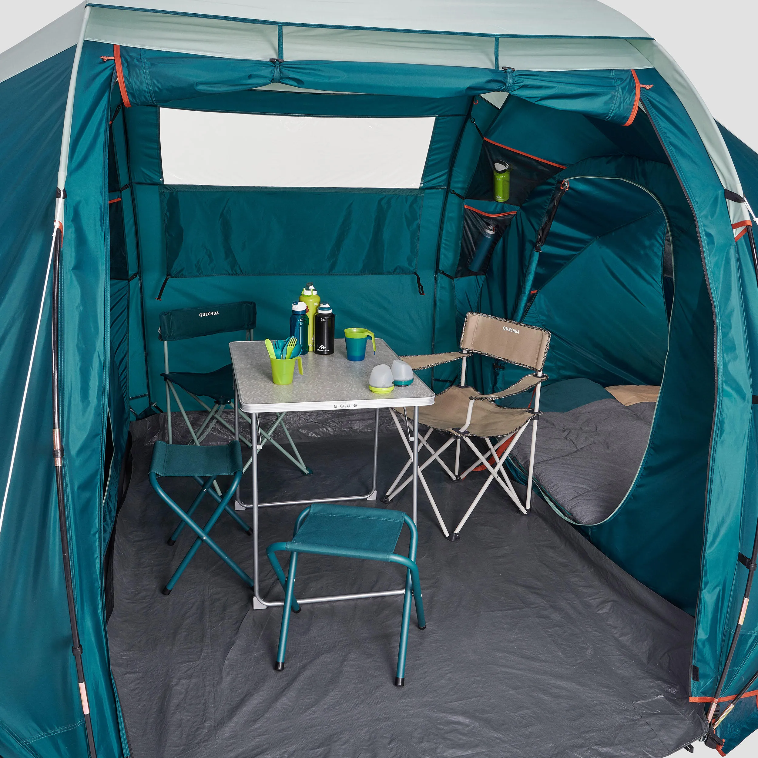 Camping tent Quechua Arpenaz 4.2 4-person 2-room, turquoise