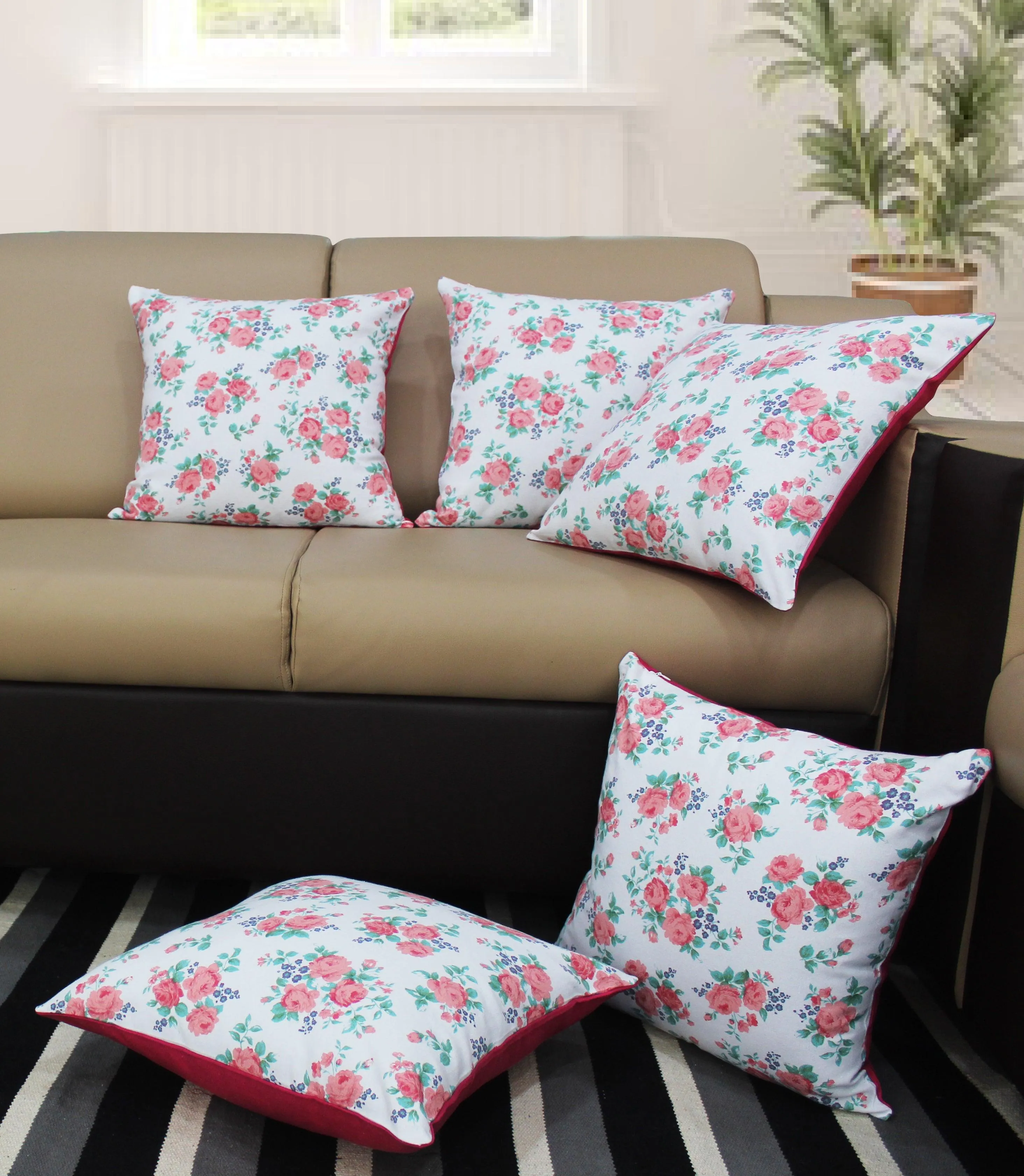 Cotton Small Pink Rose Floral Cushion Covers