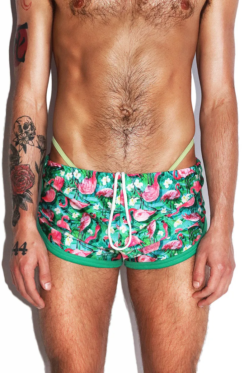 Flamingo Swim Shorty Running Shorts- Green