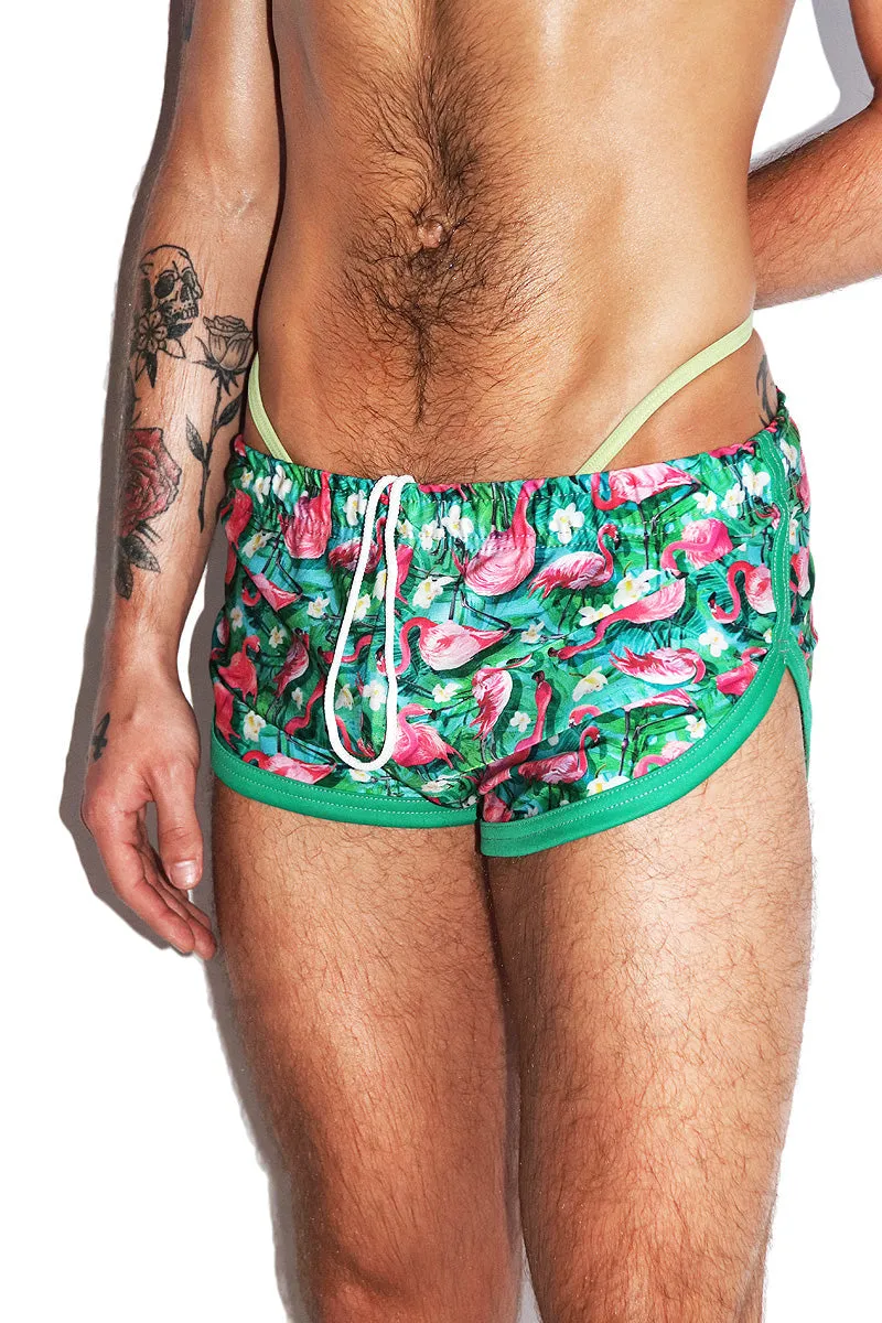 Flamingo Swim Shorty Running Shorts- Green