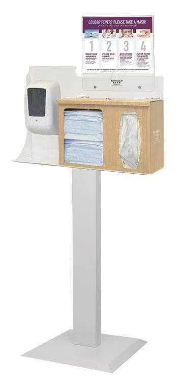 Floor Stand Dispenser: Earloop face covers, Facial tissue, and Hand Sanitizer