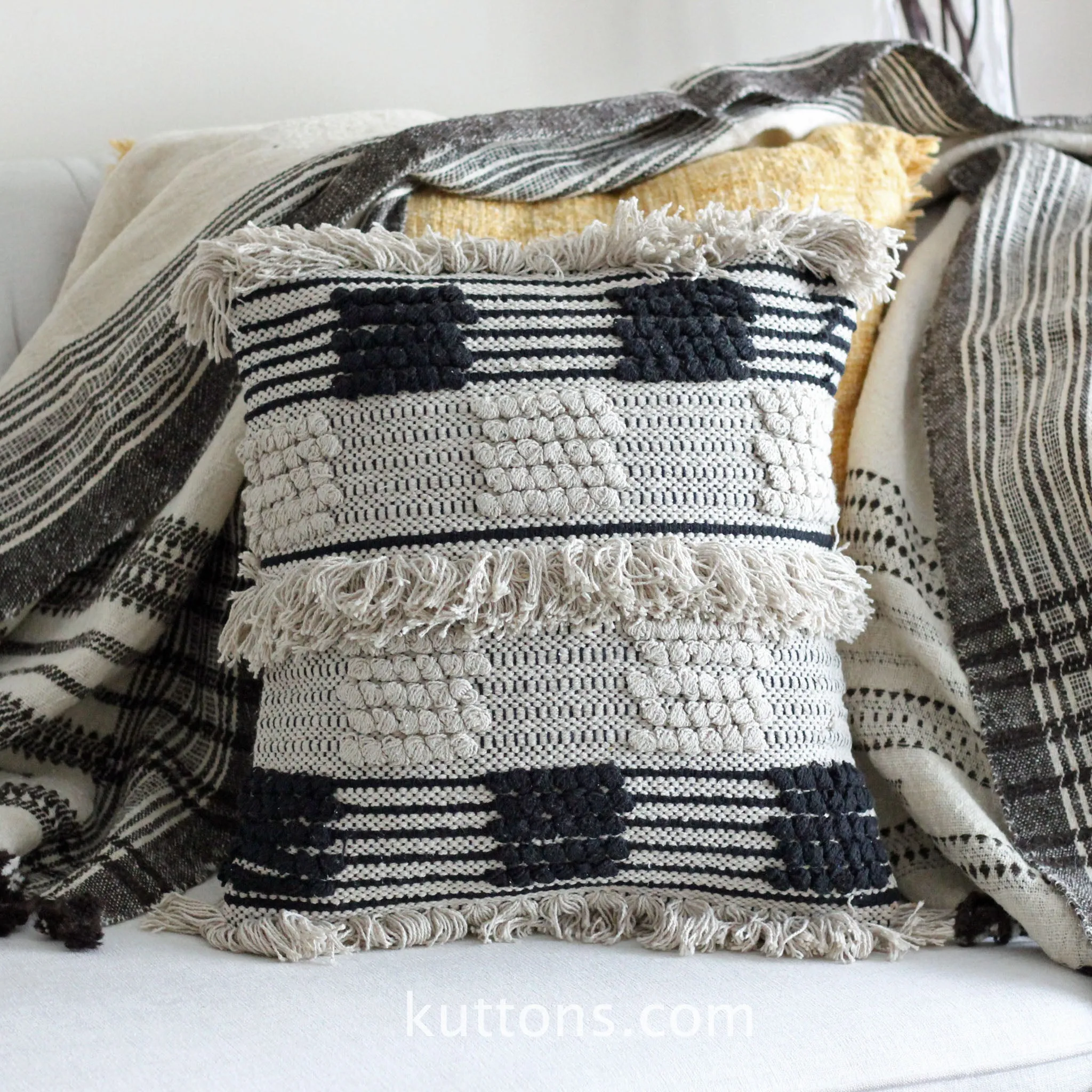 Hand Woven Boho Cotton Throw Pillow Cover - Tufted Decorative Cushion | Black-White, 18x18"