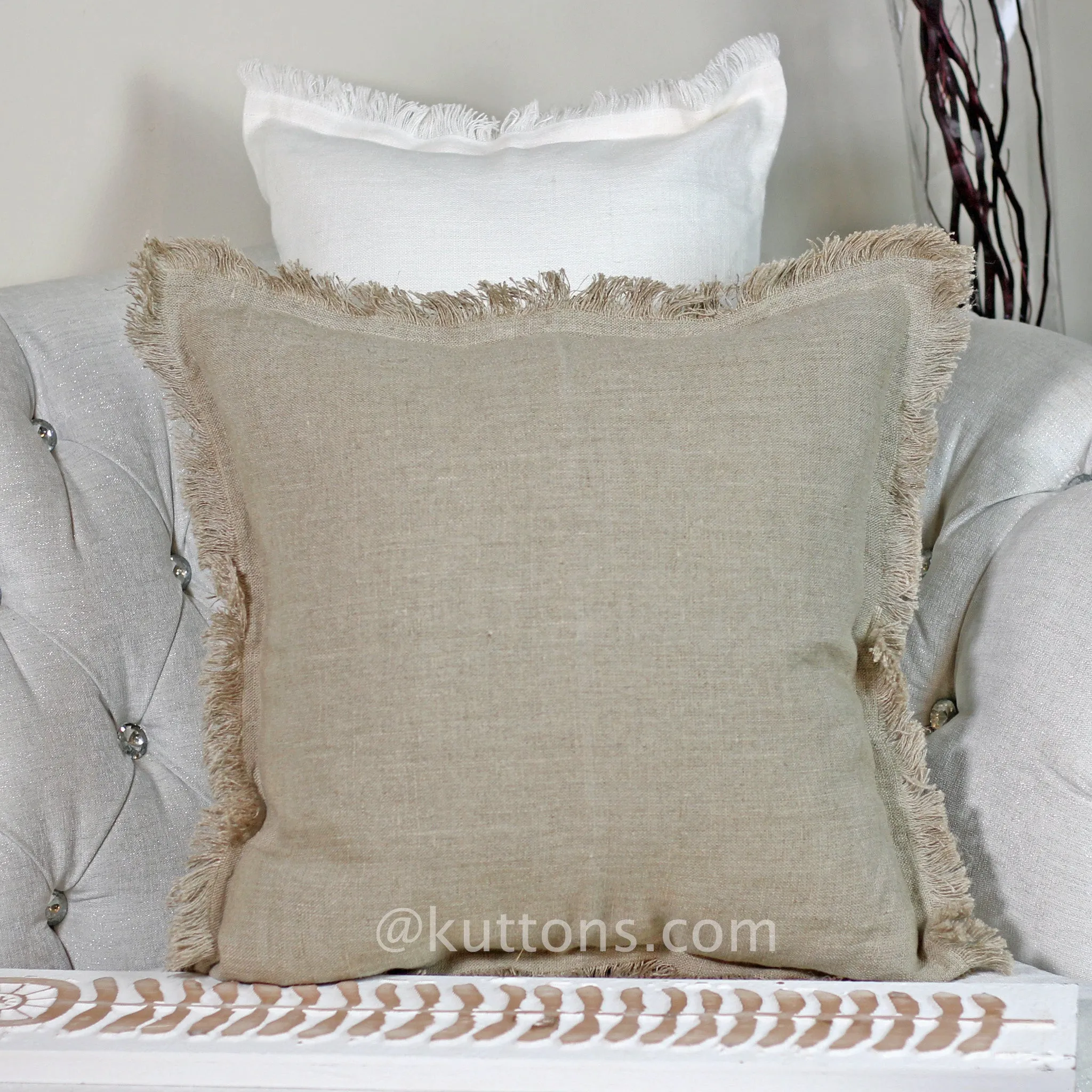 Handcrafted Linen Throw Pillow Cover - Rich Luxurious Fringes | Natural Brown Cushion, 20x20"