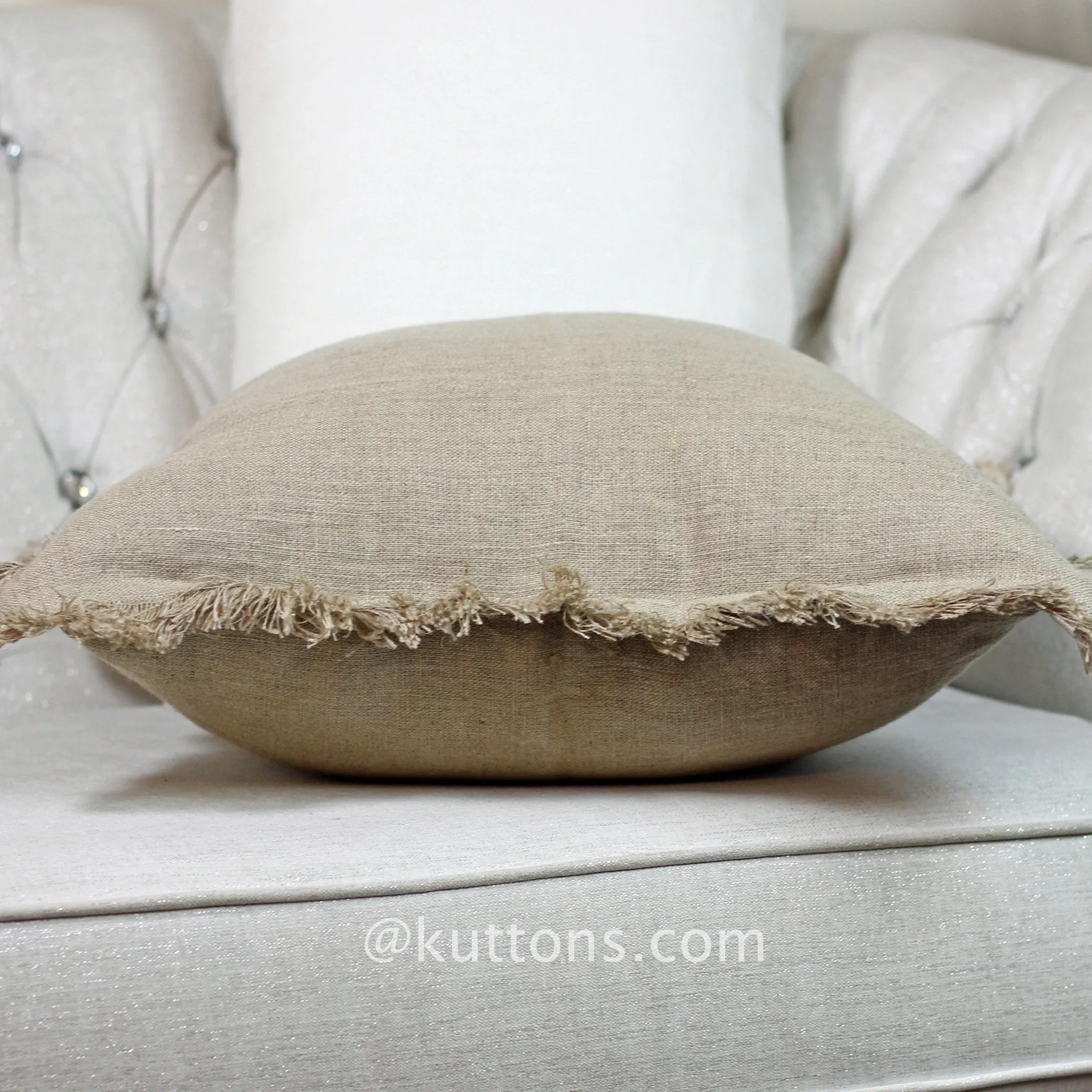 Handcrafted Linen Throw Pillow Cover - Rich Luxurious Fringes | Natural Brown Cushion, 20x20"