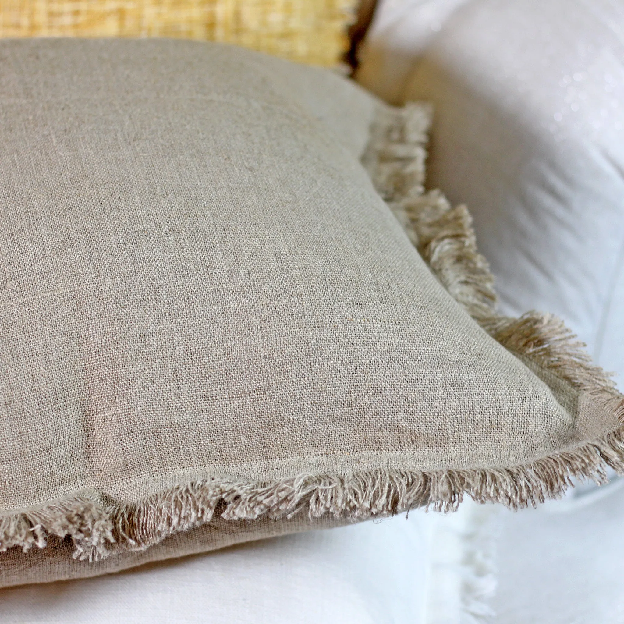 Handcrafted Linen Throw Pillow Cover - Rich Luxurious Fringes | Natural Brown Cushion, 20x20"