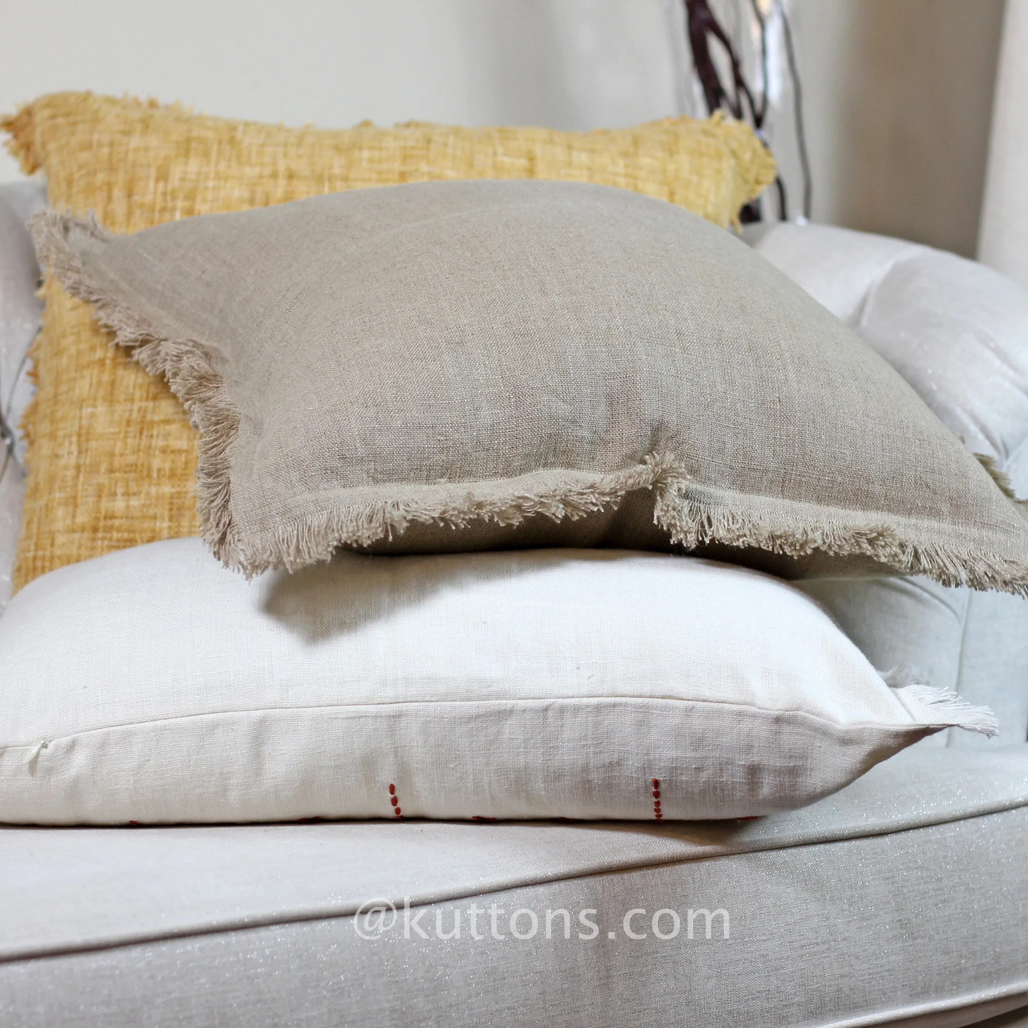 Handcrafted Linen Throw Pillow Cover - Rich Luxurious Fringes | Natural Brown Cushion, 20x20"