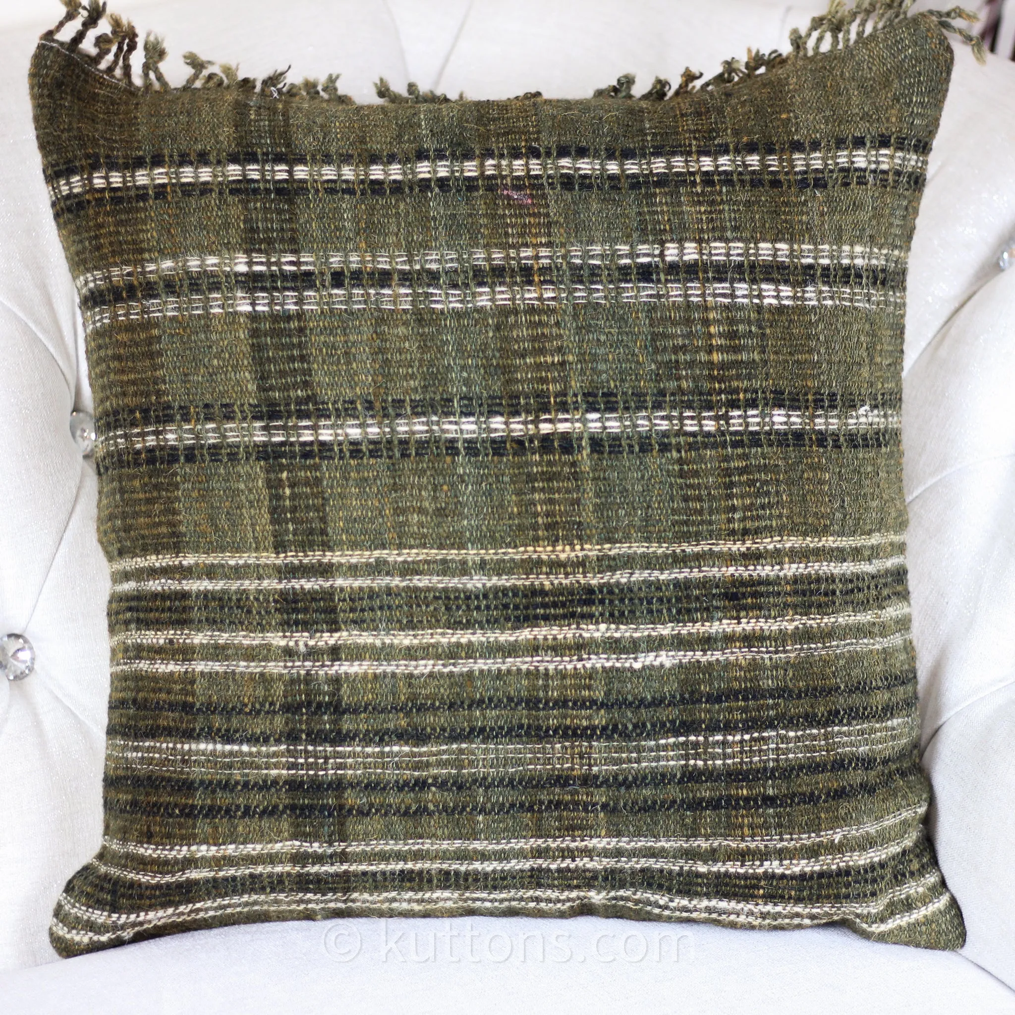 Handwoven 100% Wool & Organic Cotton Cushion Cover with Tassels | Rustic Green-Brown Pillow, 20x20" (Pair)