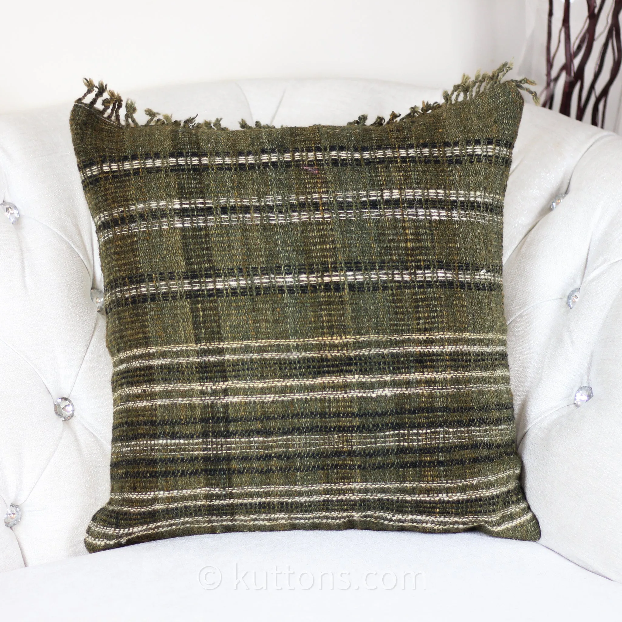 Handwoven 100% Wool & Organic Cotton Cushion Cover with Tassels | Rustic Green-Brown Pillow, 20x20" (Pair)