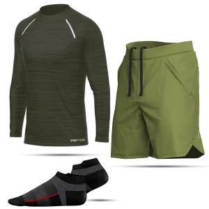 Men's Green Long Sleeve T-Shirt, Sports Shorts & Socks Set