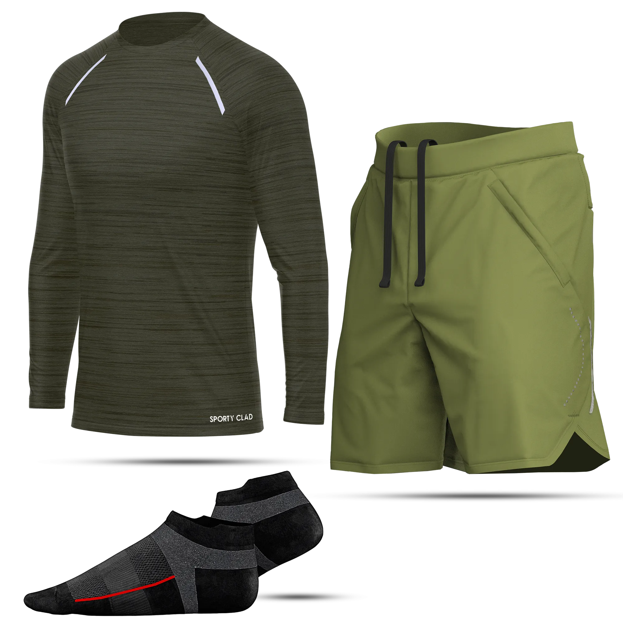 Men's Green Long Sleeve T-Shirt, Sports Shorts & Socks Set