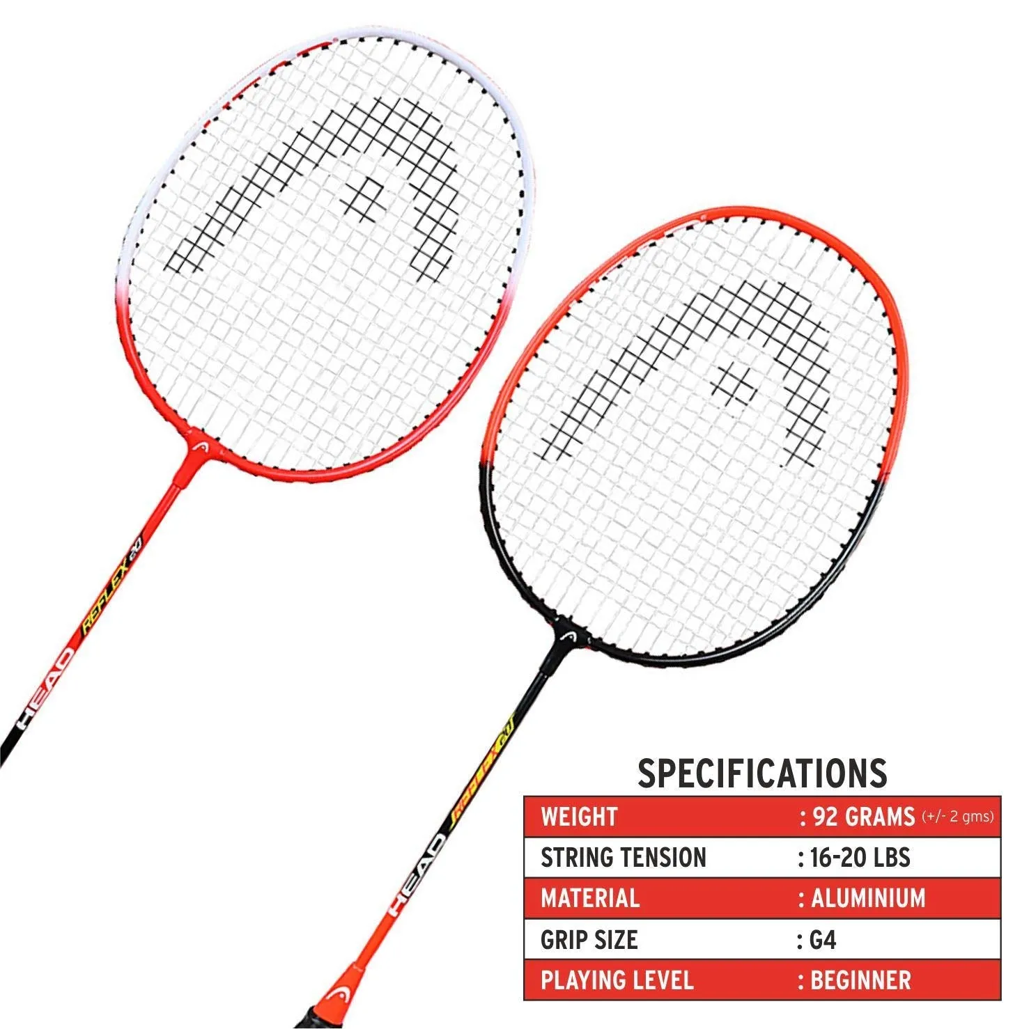 Reflex 20 Aluminium Badminton Racquet Strung with Nylon Shuttlecock and Cover (Red | White) Set of 2